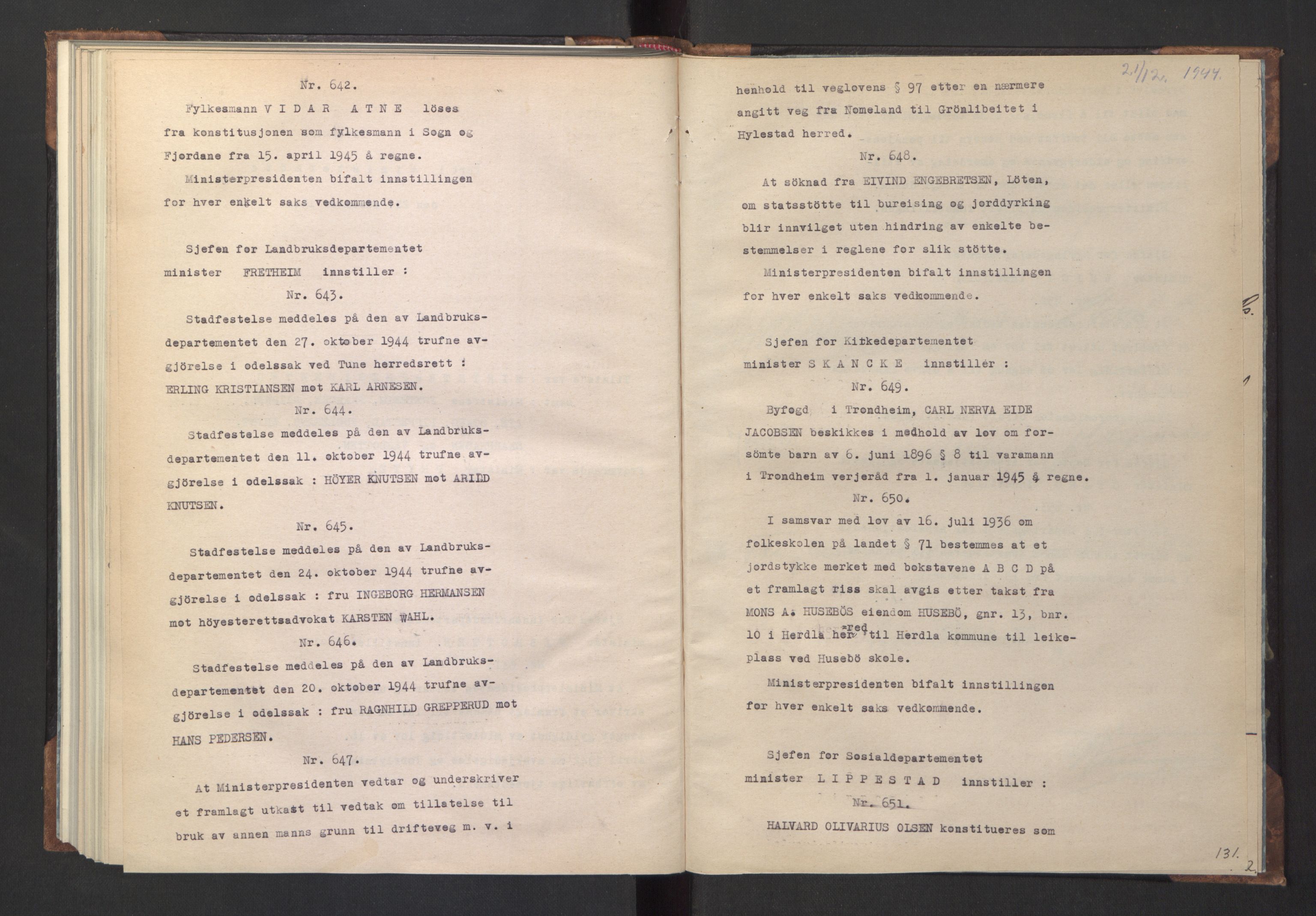 NS-administrasjonen 1940-1945 (Statsrådsekretariatet, de kommisariske statsråder mm), RA/S-4279/D/Da/L0005: Protokoll fra ministermøter, 1944, p. 133
