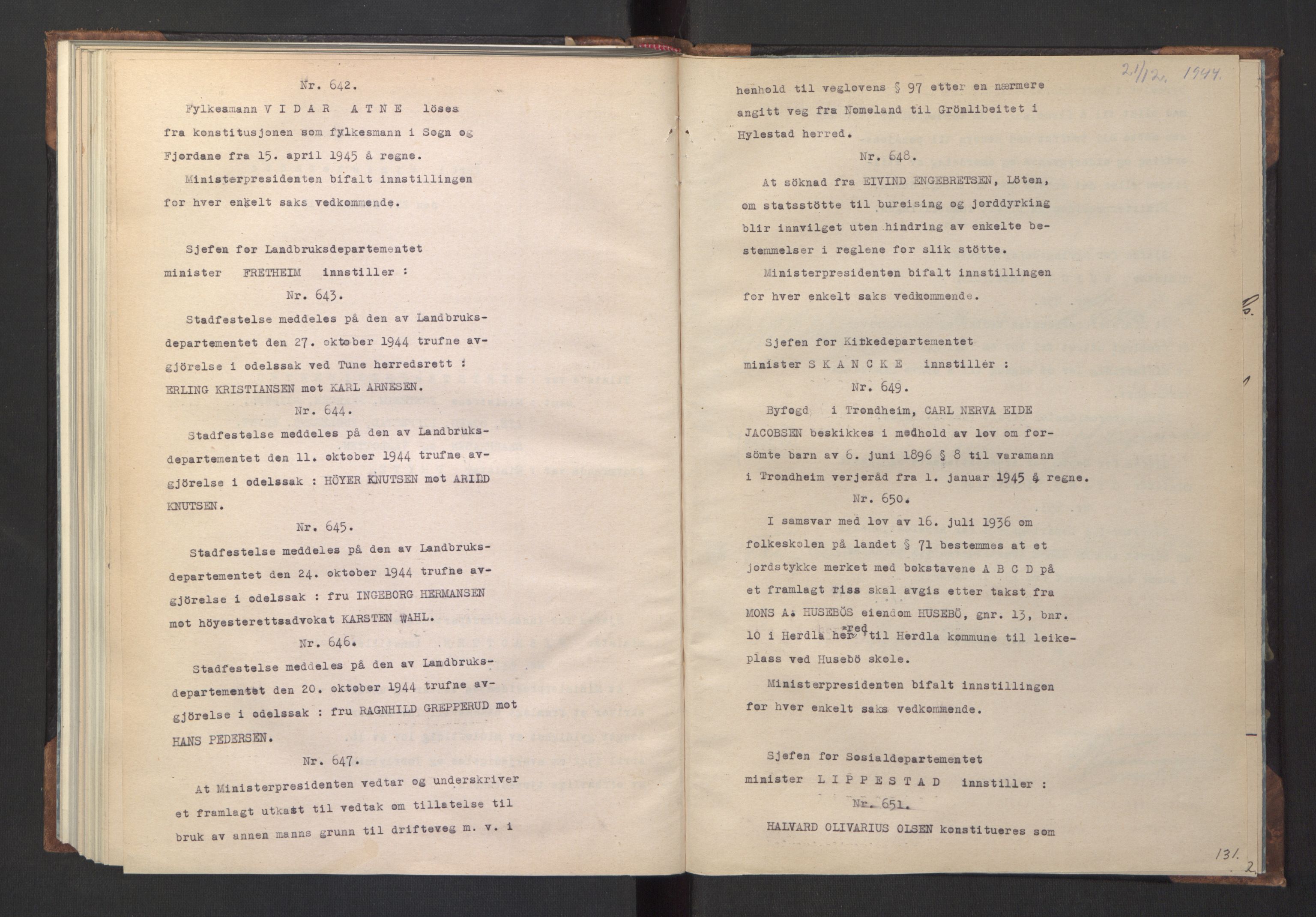 NS-administrasjonen 1940-1945 (Statsrådsekretariatet, de kommisariske statsråder mm), AV/RA-S-4279/D/Da/L0005: Protokoll fra ministermøter, 1944, p. 133