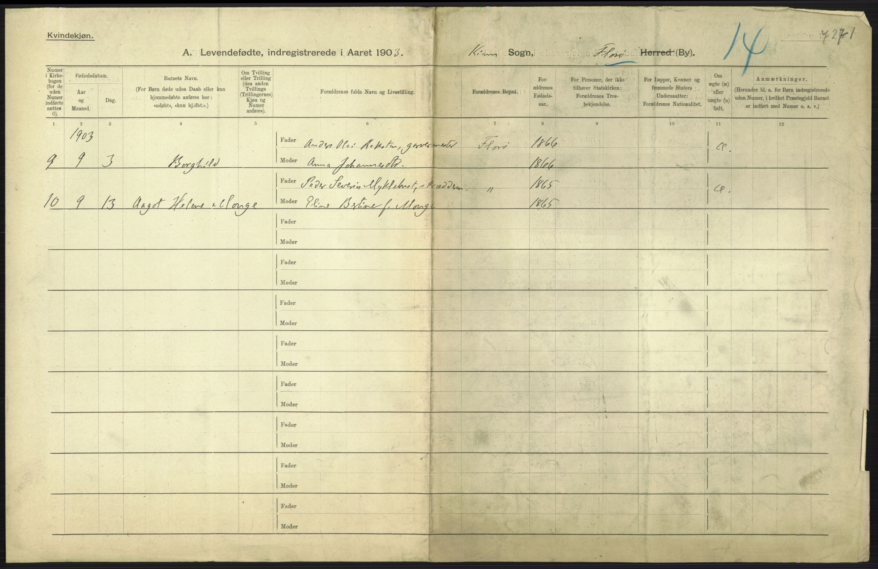 Statistisk sentralbyrå, Sosiodemografiske emner, Befolkning, AV/RA-S-2228/D/Df/Dfa/Dfaa/L0023: Florø: Fødte, gifte, døde., 1903, p. 3