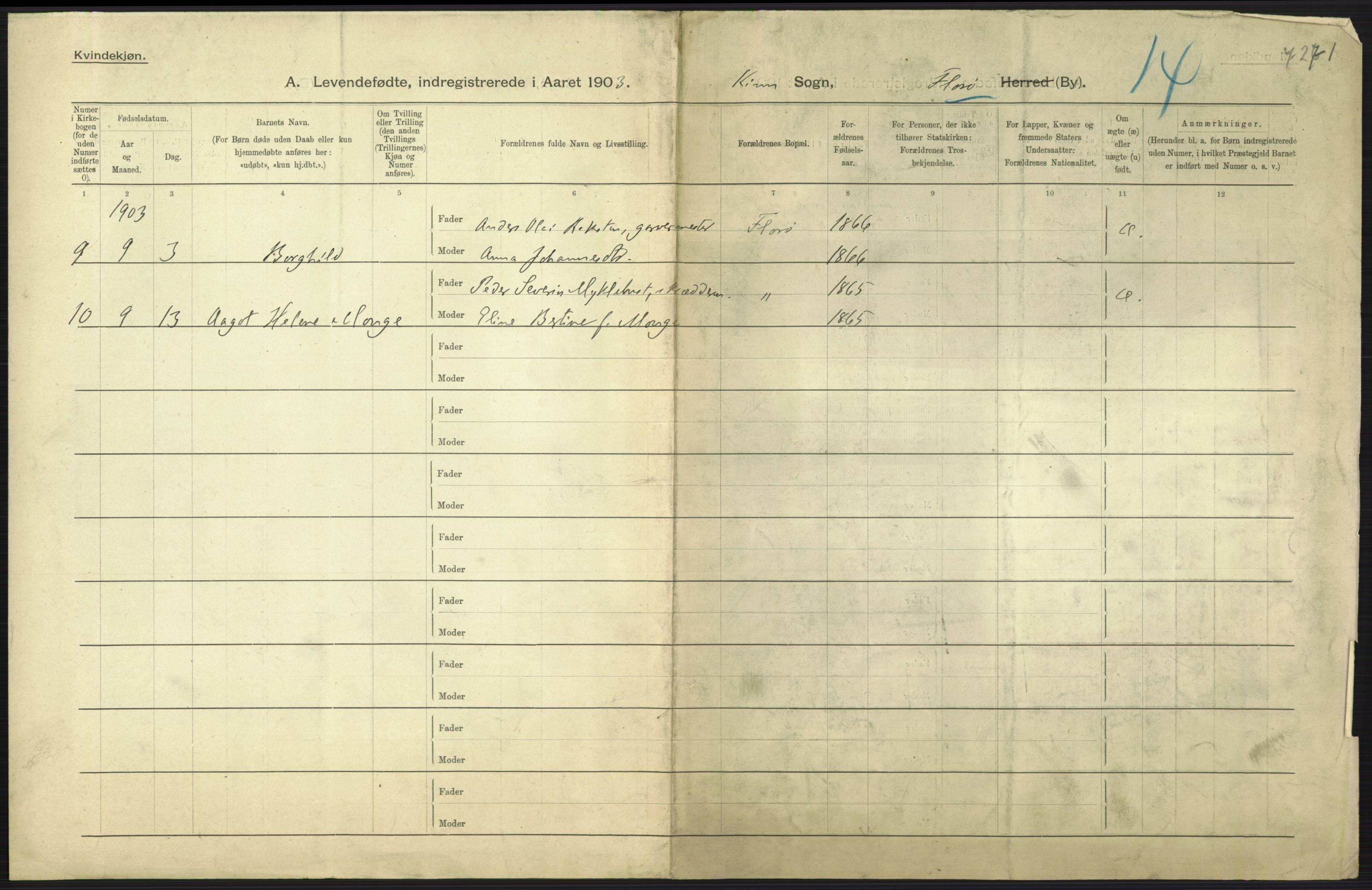 Statistisk sentralbyrå, Sosiodemografiske emner, Befolkning, RA/S-2228/D/Df/Dfa/Dfaa/L0023: Florø: Fødte, gifte, døde., 1903, p. 3