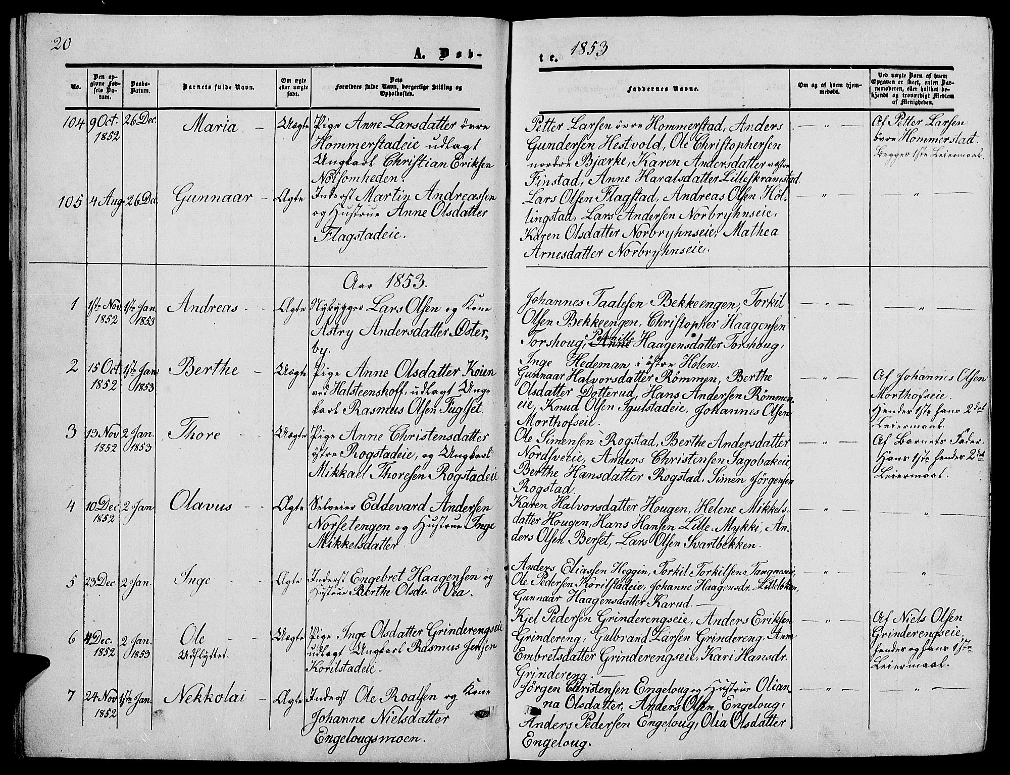 Løten prestekontor, SAH/PREST-022/L/La/L0003: Parish register (copy) no. 3, 1850-1862, p. 20