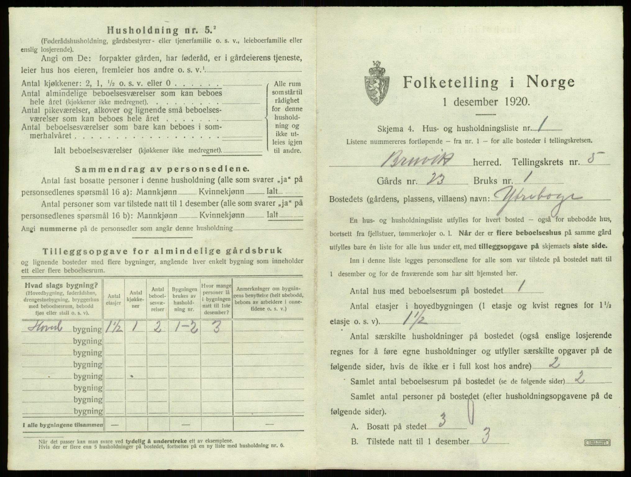 SAB, 1920 census for Bruvik, 1920, p. 271