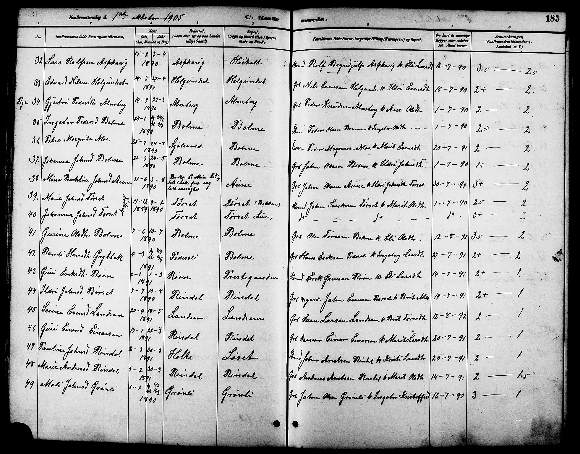 Ministerialprotokoller, klokkerbøker og fødselsregistre - Møre og Romsdal, AV/SAT-A-1454/598/L1078: Parish register (copy) no. 598C03, 1892-1909, p. 185