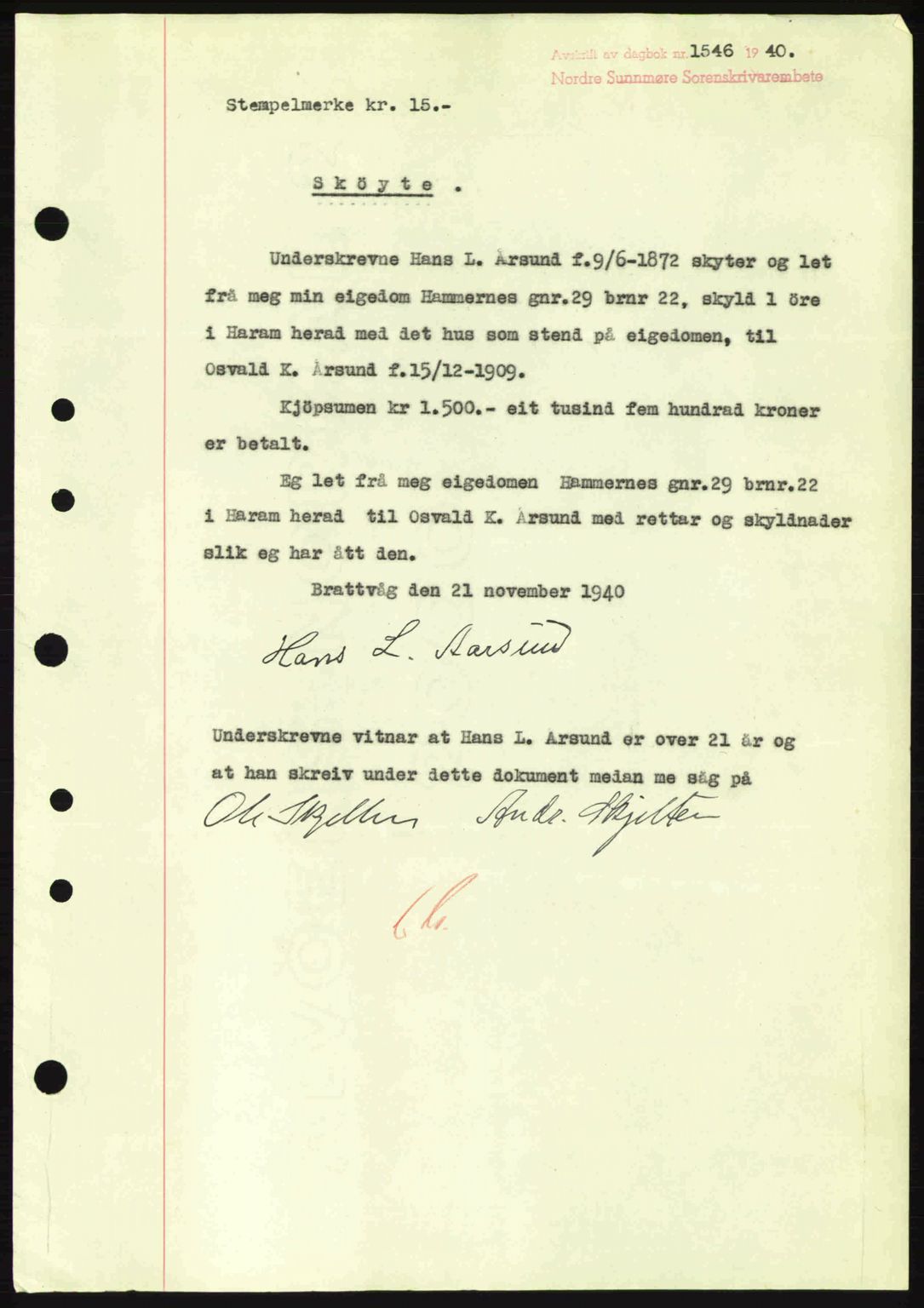 Nordre Sunnmøre sorenskriveri, AV/SAT-A-0006/1/2/2C/2Ca: Mortgage book no. A10, 1940-1941, Diary no: : 1546/1940