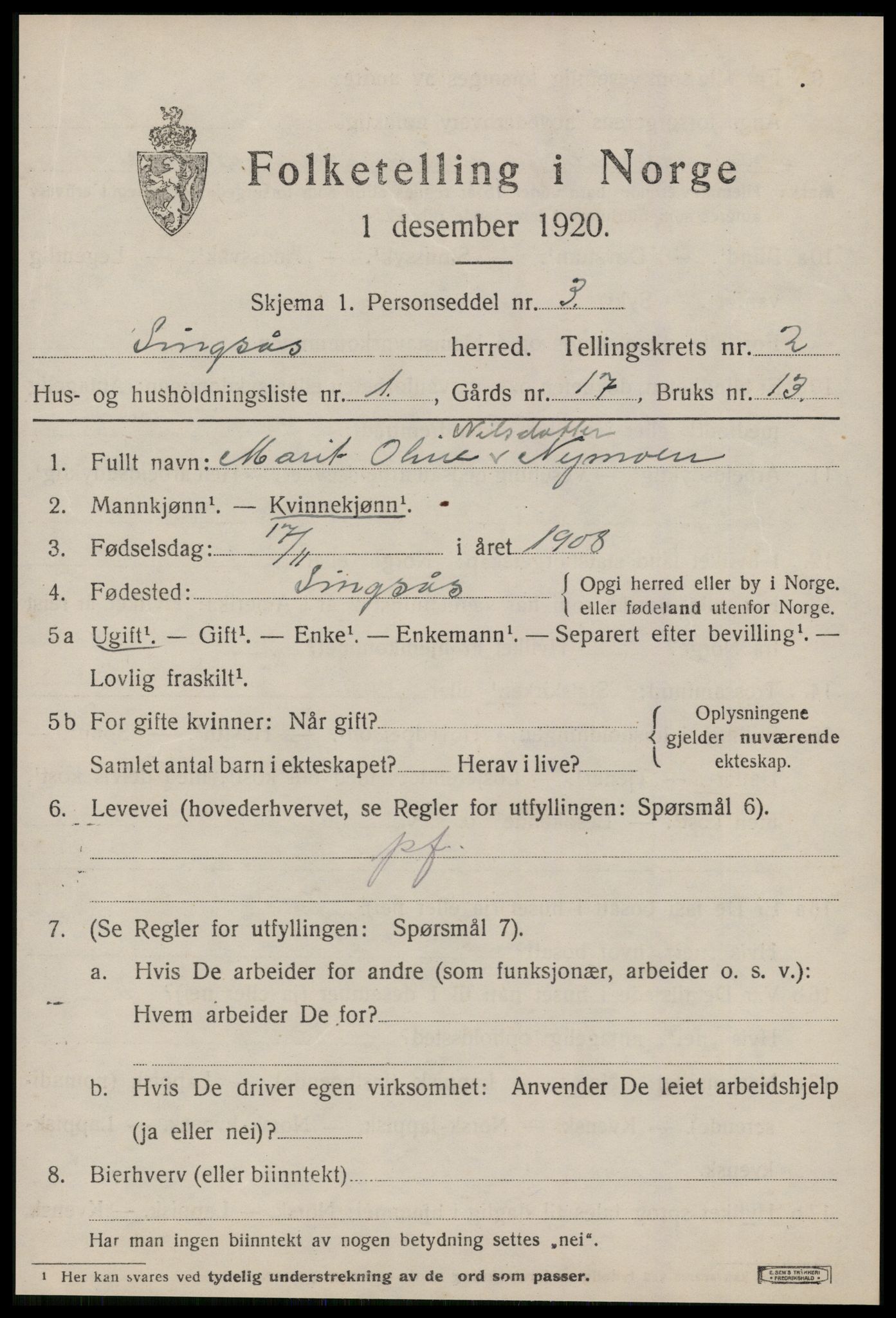 SAT, 1920 census for Singsås, 1920, p. 1127