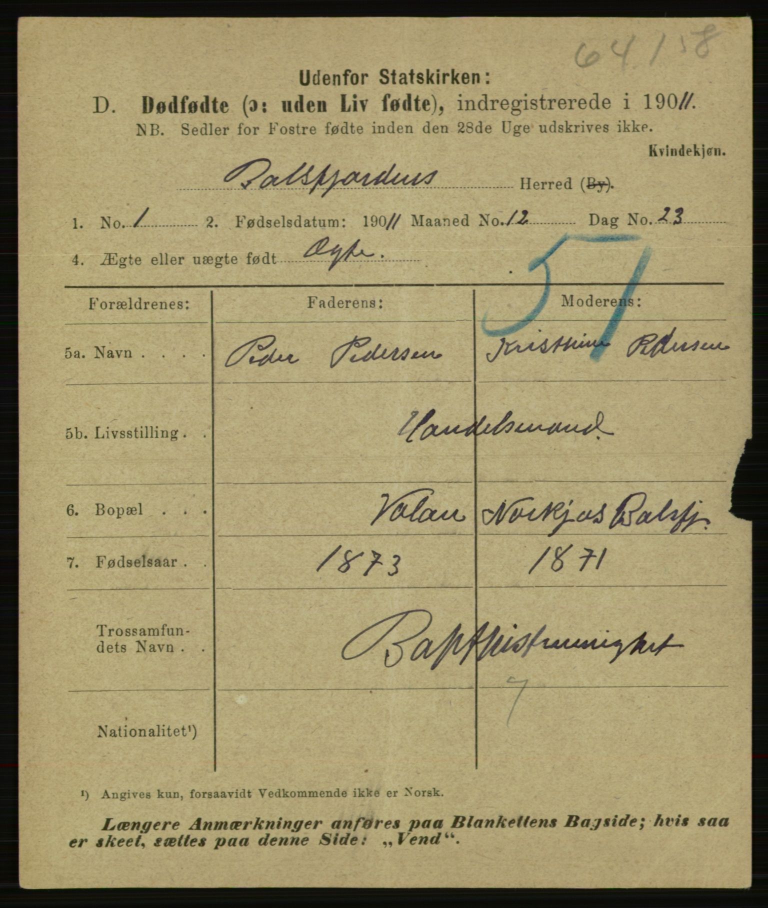 Statistisk sentralbyrå, Sosiodemografiske emner, Befolkning, AV/RA-S-2228/E/L0009: Fødte, gifte, døde dissentere., 1911, p. 3135