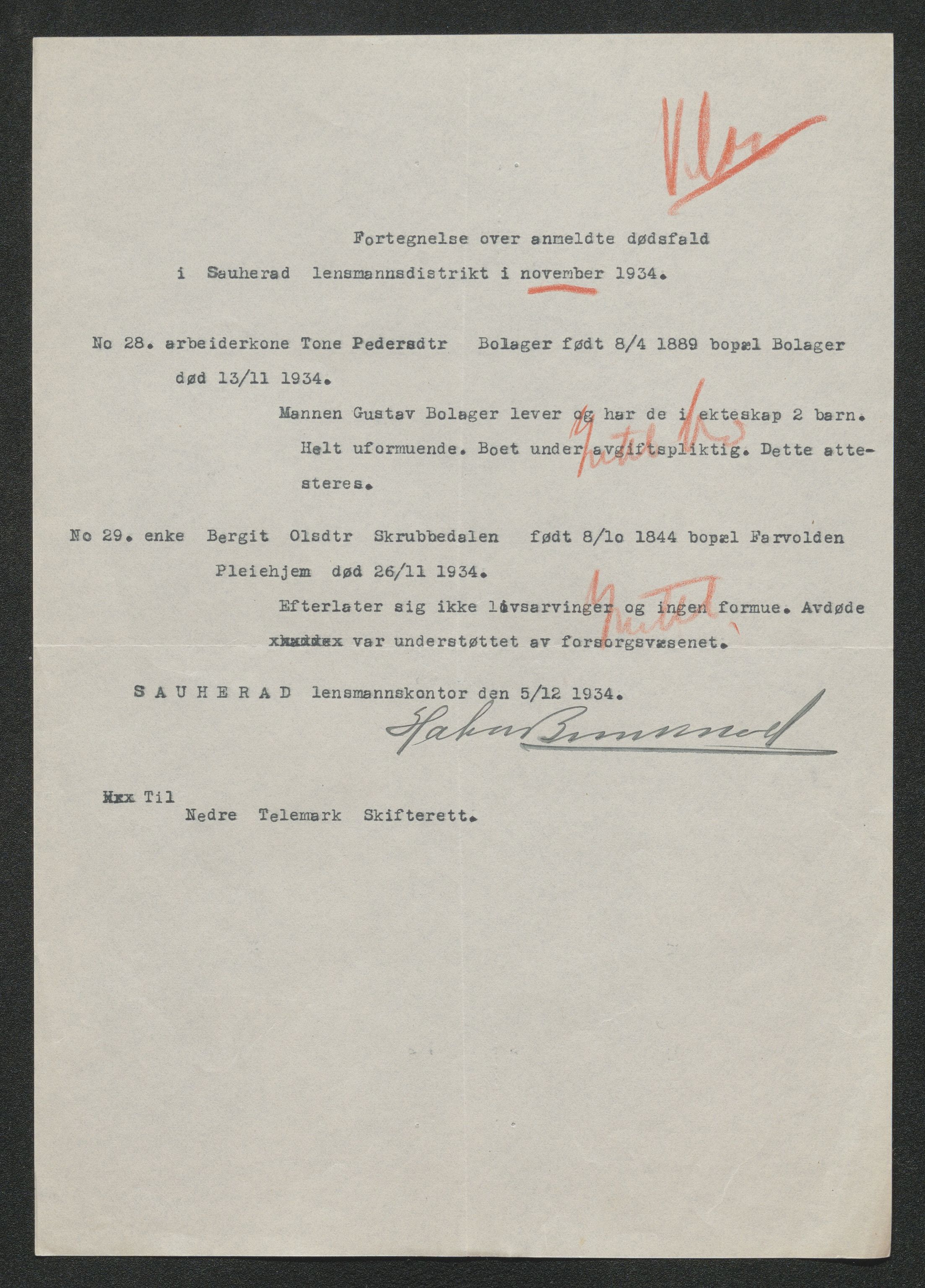 Nedre Telemark sorenskriveri, SAKO/A-135/H/Ha/Hab/L0008: Dødsfallsfortegnelser
, 1931-1935, p. 1285