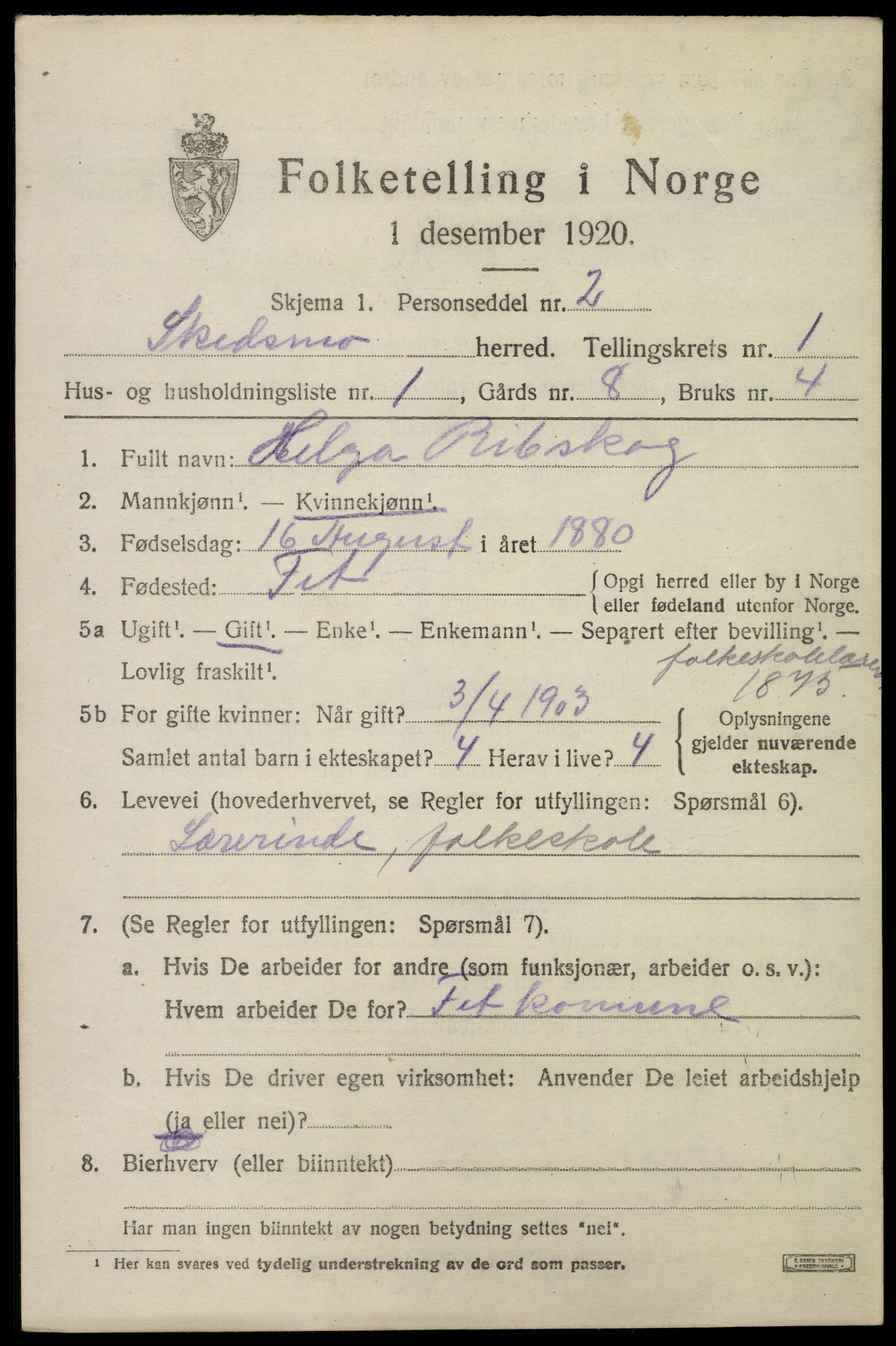 SAO, 1920 census for Skedsmo, 1920, p. 1495