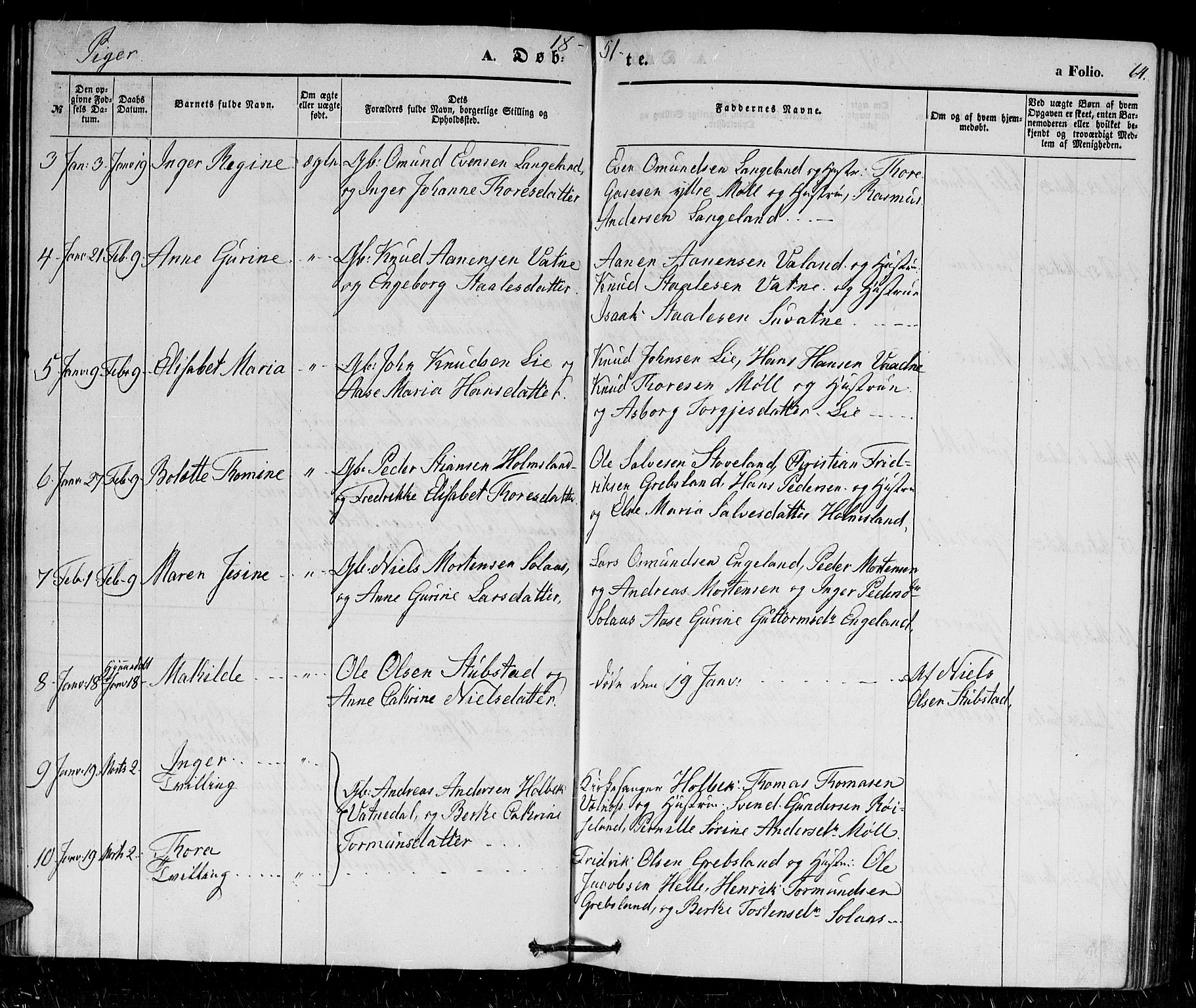 Holum sokneprestkontor, SAK/1111-0022/F/Fb/Fba/L0003: Parish register (copy) no. B 3, 1850-1866, p. 64