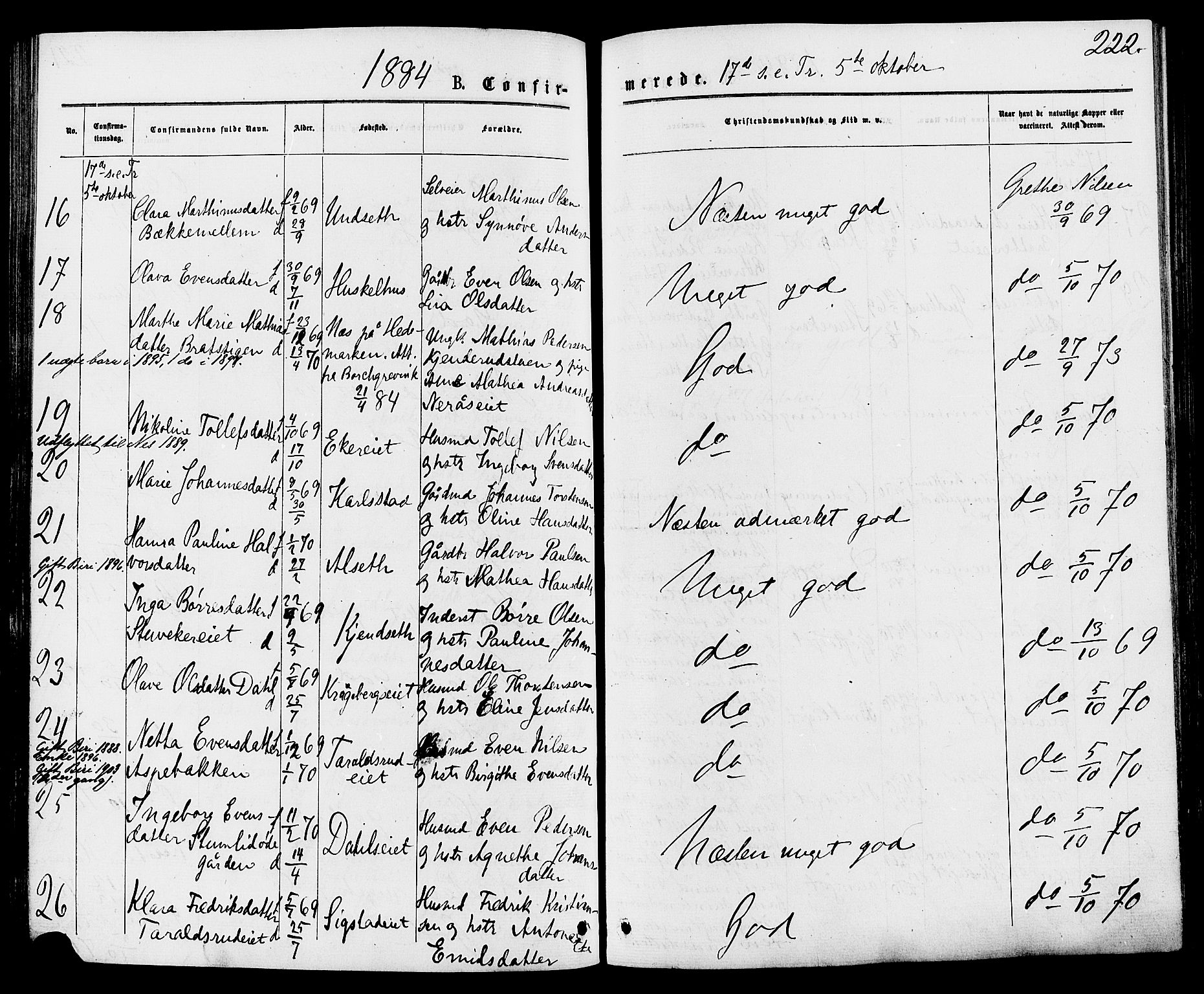 Biri prestekontor, SAH/PREST-096/H/Ha/Haa/L0006: Parish register (official) no. 6, 1877-1886, p. 222