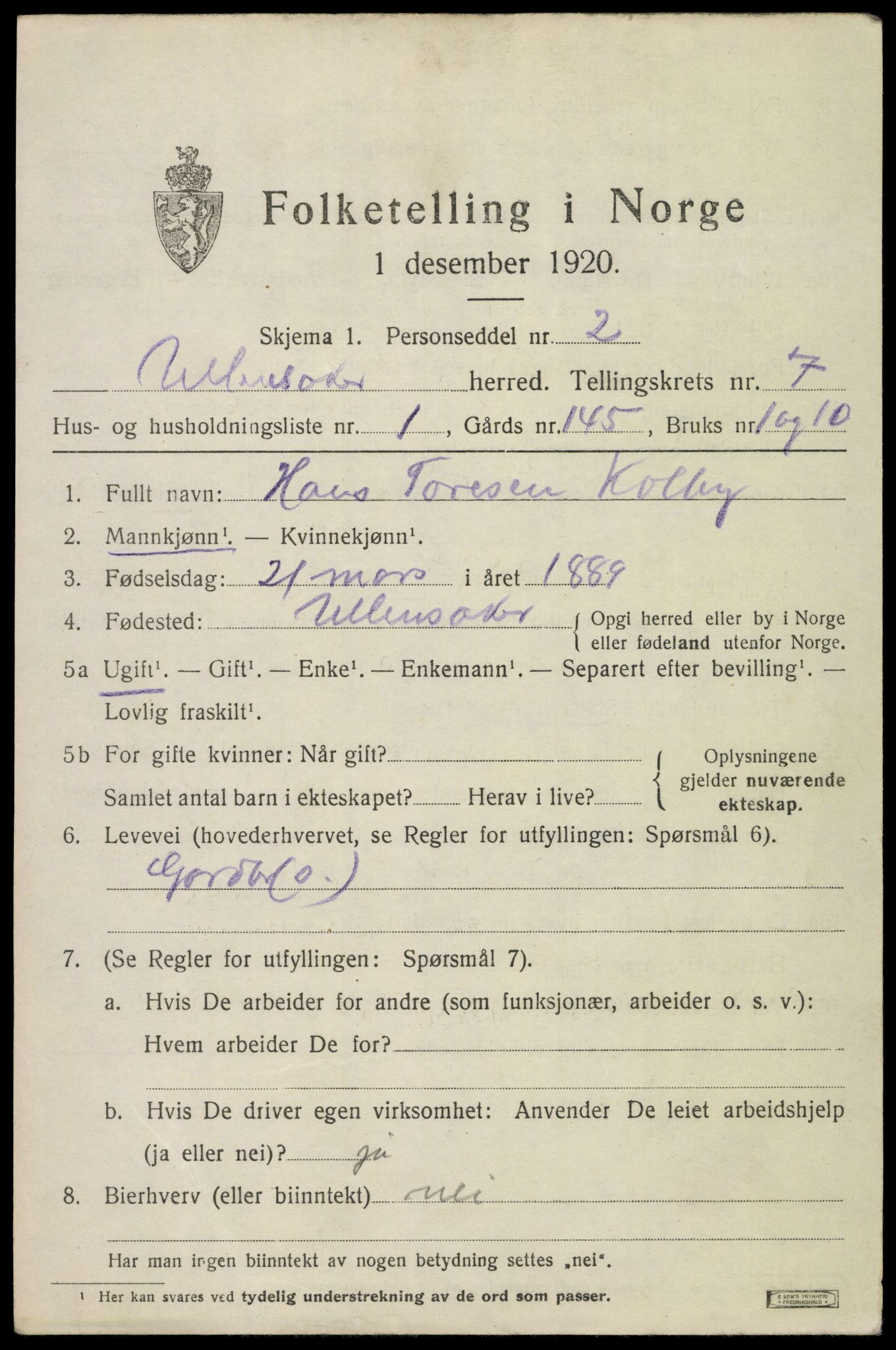 SAO, 1920 census for Ullensaker, 1920, p. 12875