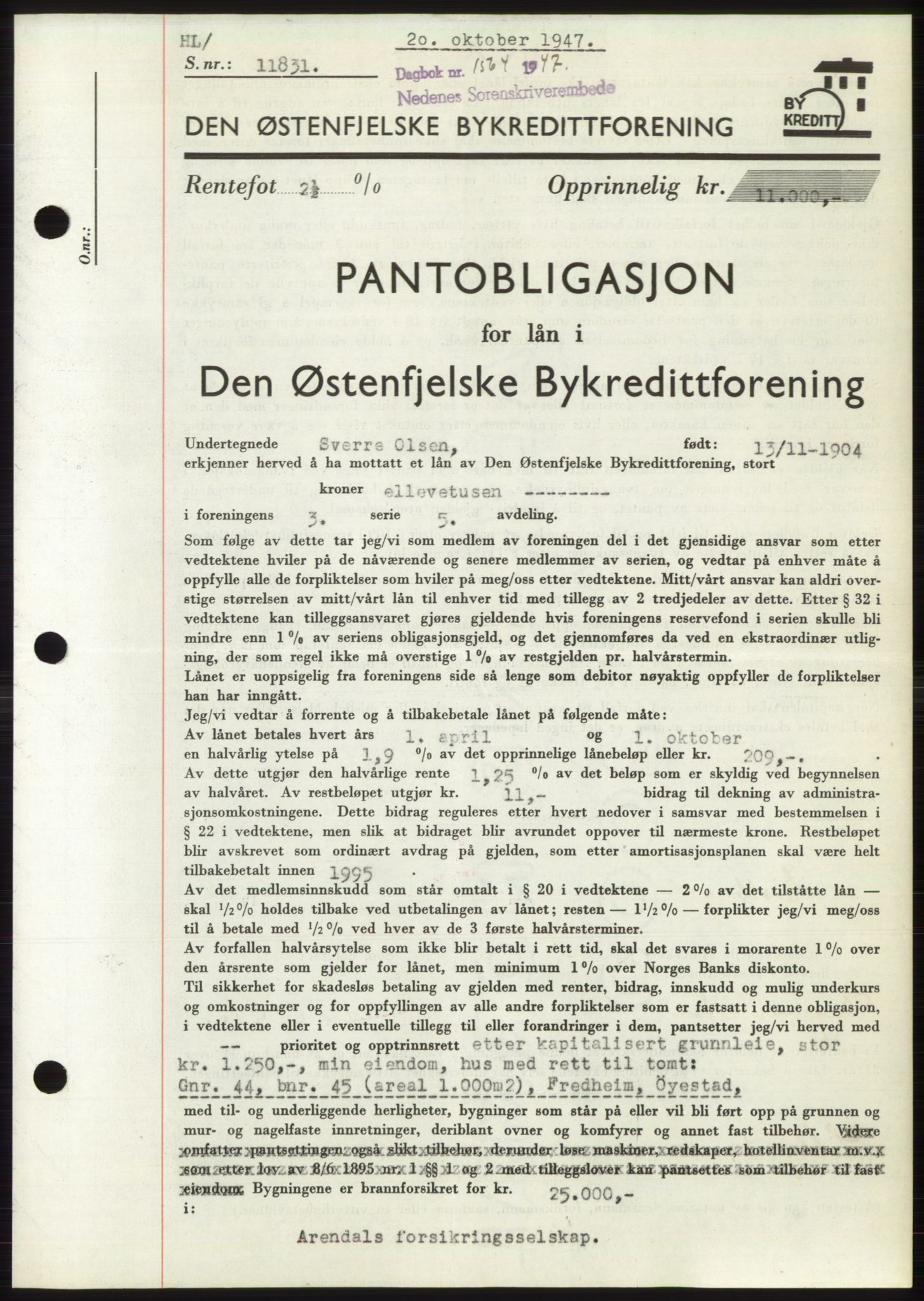 Nedenes sorenskriveri, AV/SAK-1221-0006/G/Gb/Gbb/L0004: Mortgage book no. B4, 1947-1947, Diary no: : 1564/1947