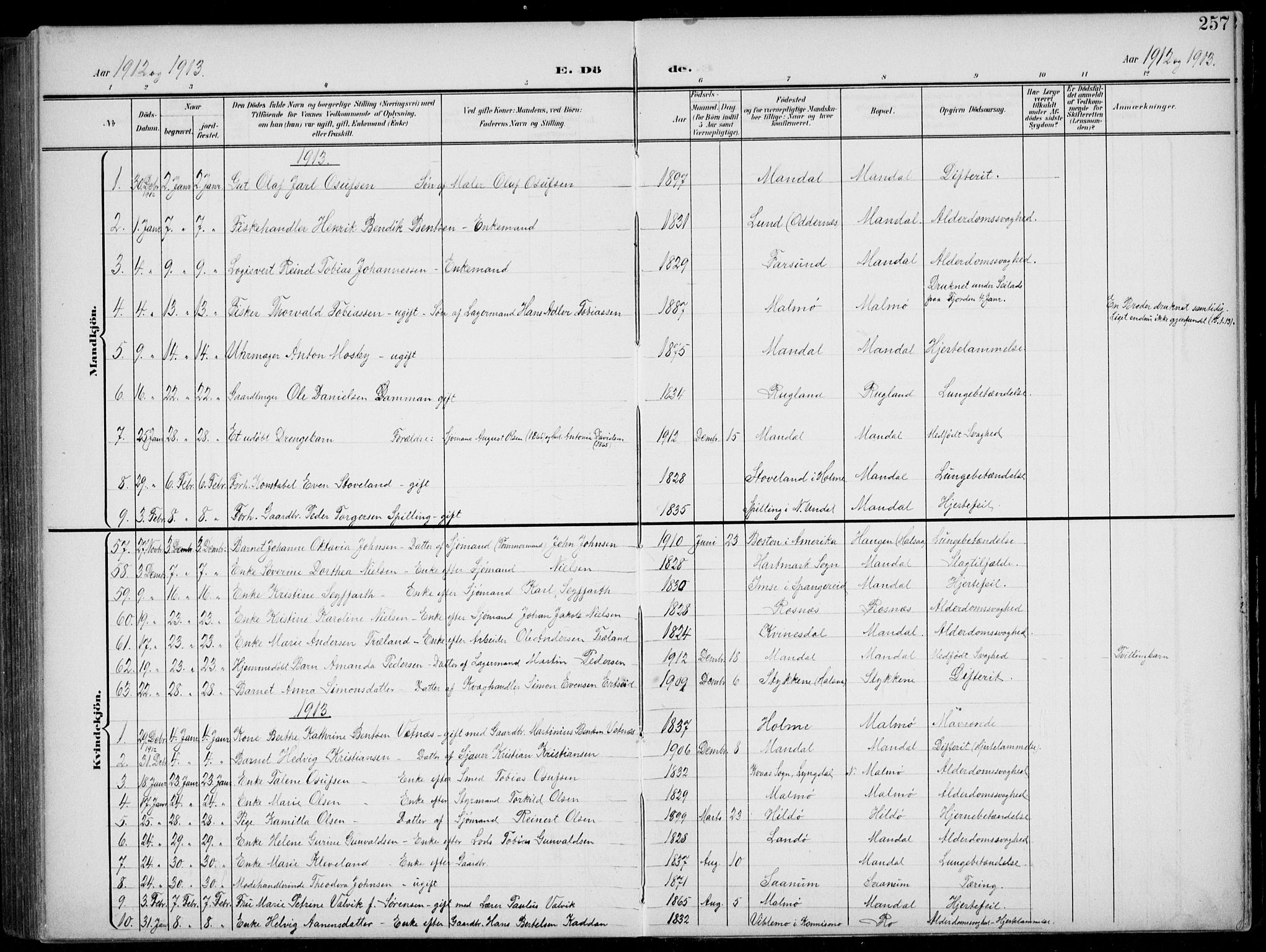 Mandal sokneprestkontor, AV/SAK-1111-0030/F/Fb/Fba/L0012: Parish register (copy) no. B 6, 1899-1918, p. 257