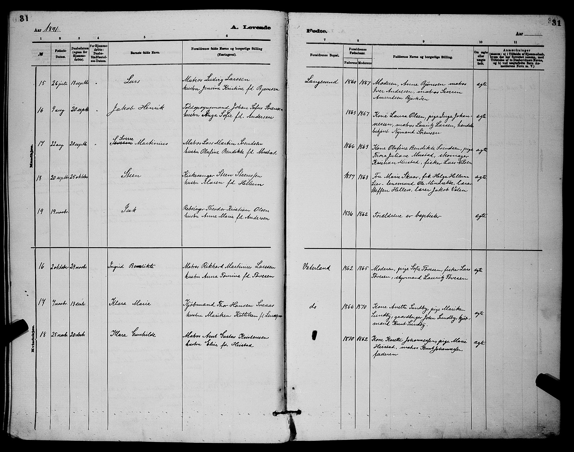 Langesund kirkebøker, AV/SAKO-A-280/G/Ga/L0005: Parish register (copy) no. 5, 1884-1898, p. 31