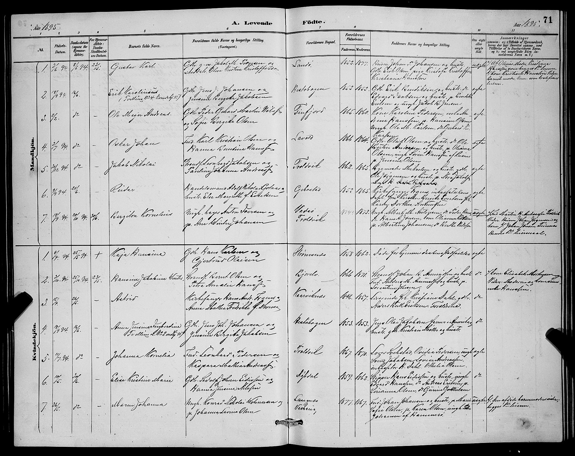 Lenvik sokneprestembete, SATØ/S-1310/H/Ha/Hab/L0007klokker: Parish register (copy) no. 7, 1890-1898, p. 71