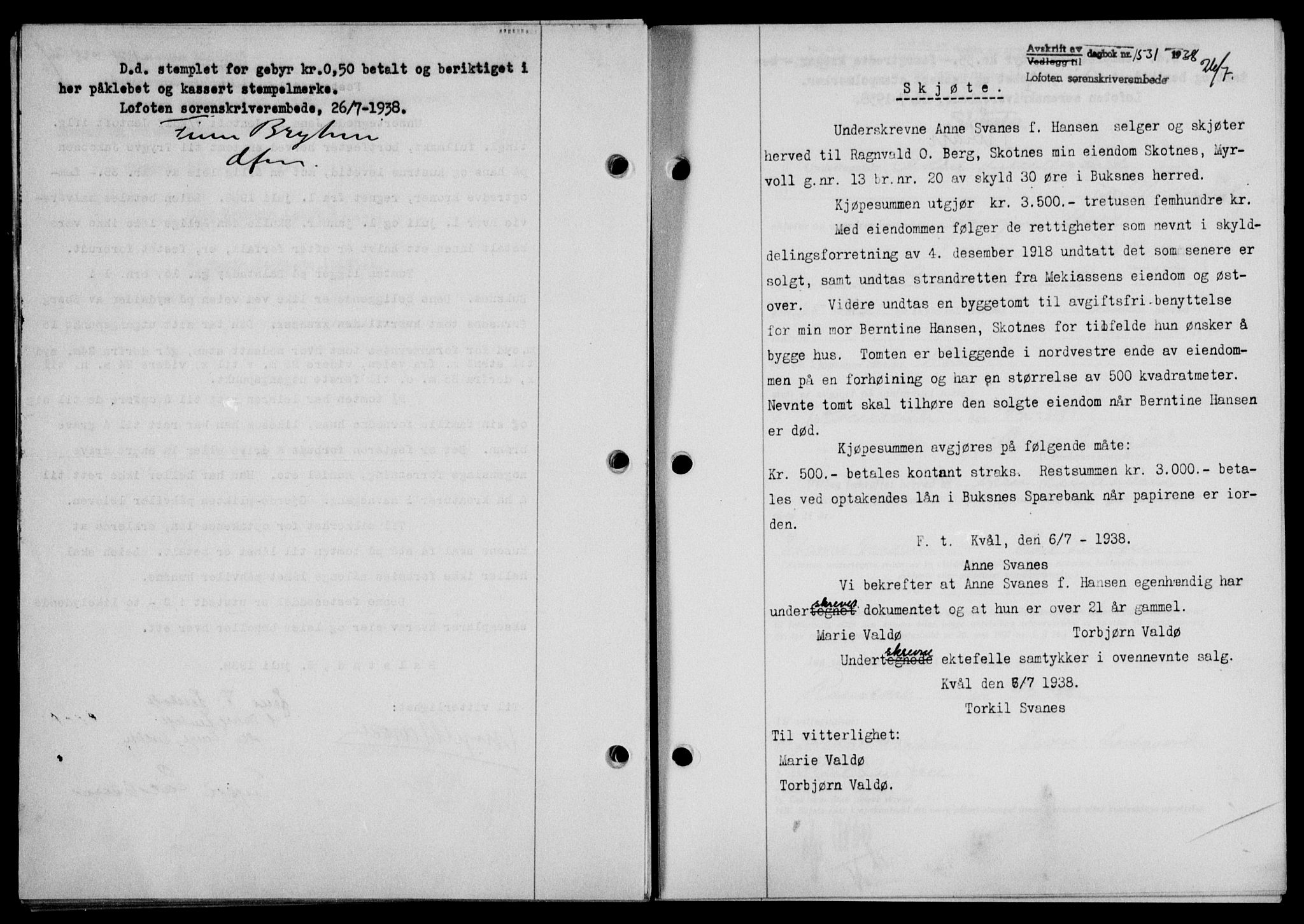 Lofoten sorenskriveri, SAT/A-0017/1/2/2C/L0004a: Mortgage book no. 4a, 1938-1938, Diary no: : 1531/1938