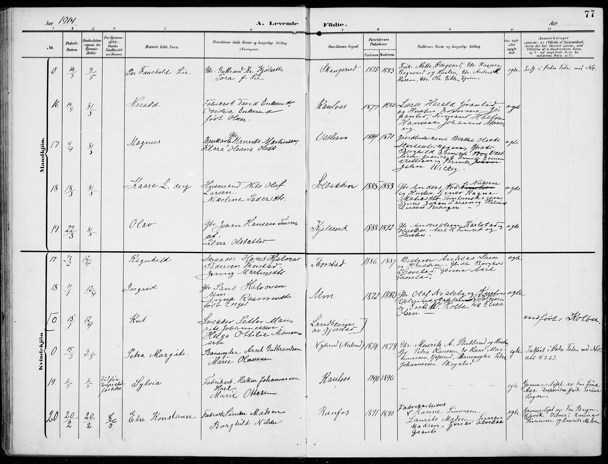 Vestre Toten prestekontor, AV/SAH-PREST-108/H/Ha/Haa/L0014: Parish register (official) no. 14, 1907-1920, p. 77