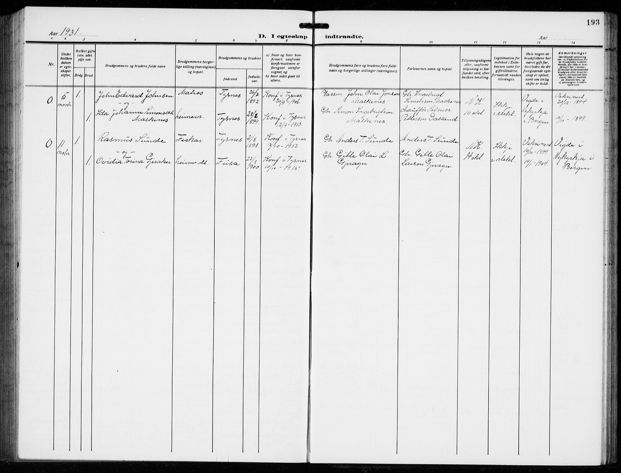 Tysnes sokneprestembete, AV/SAB-A-78601/H/Hab: Parish register (copy) no. B  3, 1918-1935, p. 193