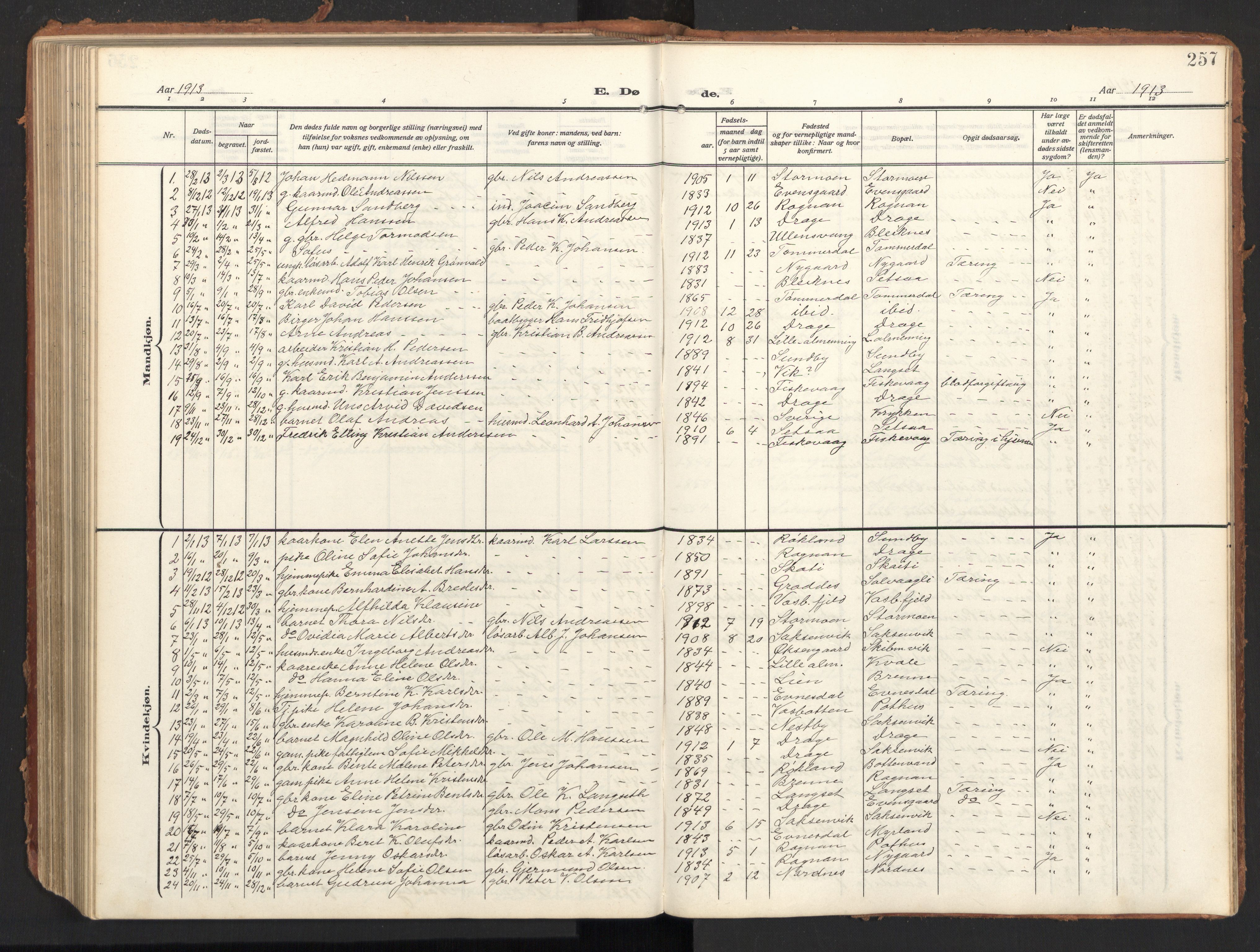 Ministerialprotokoller, klokkerbøker og fødselsregistre - Nordland, SAT/A-1459/847/L0683: Parish register (copy) no. 847C11, 1908-1929, p. 257
