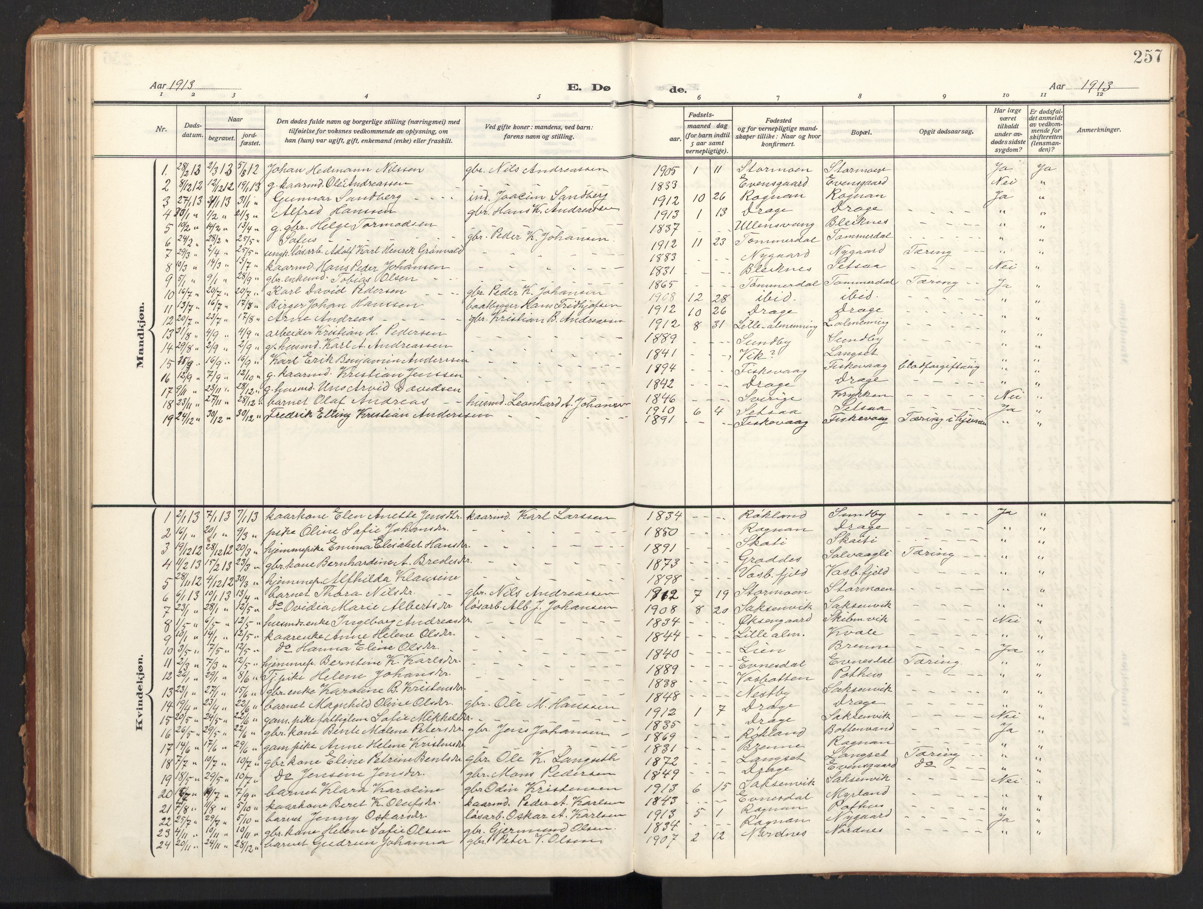 Ministerialprotokoller, klokkerbøker og fødselsregistre - Nordland, AV/SAT-A-1459/847/L0683: Parish register (copy) no. 847C11, 1908-1929, p. 257