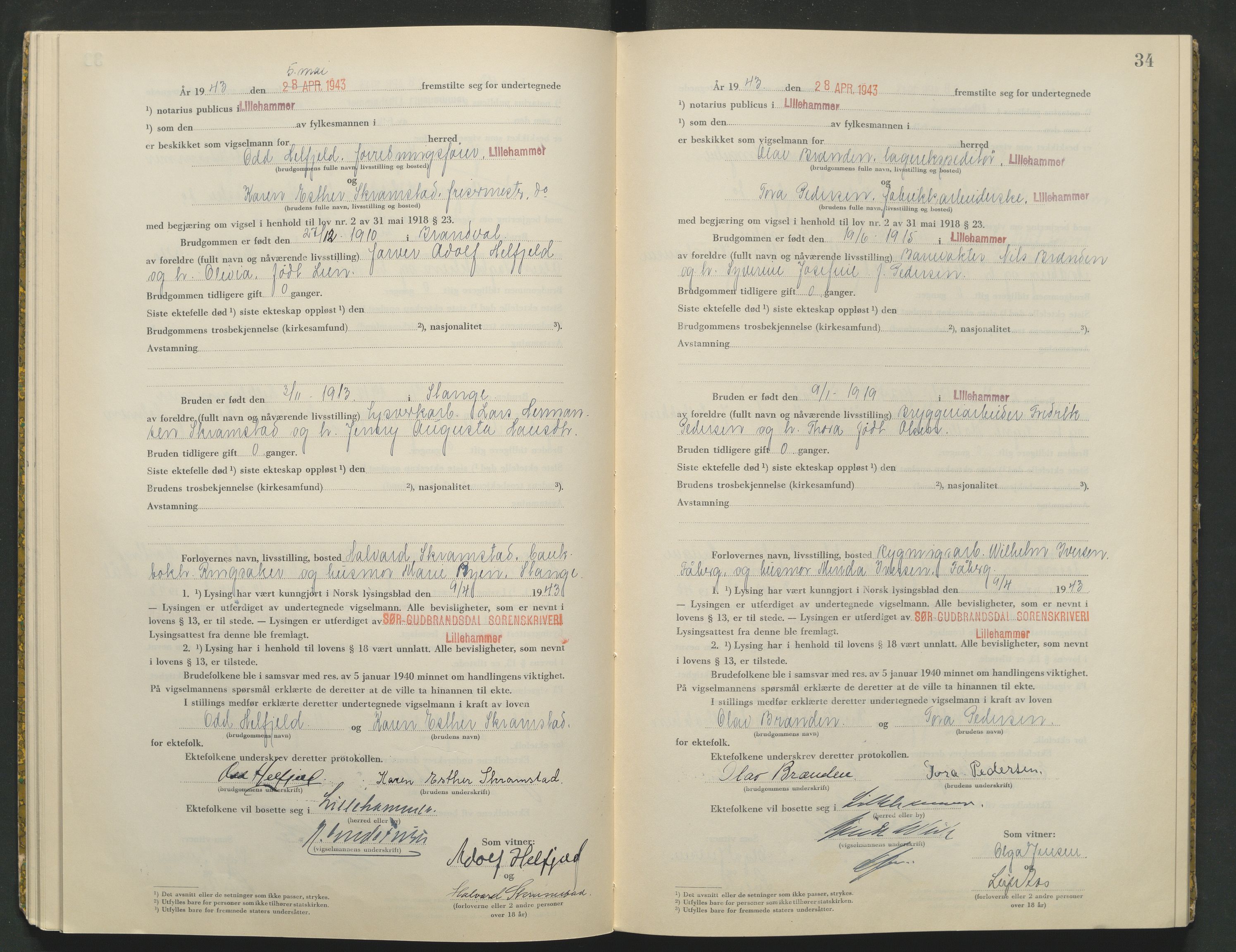 Sør-Gudbrandsdal tingrett, AV/SAH-TING-004/L/Lc/L0003: Vigselsprotokoll, 1943, p. 34