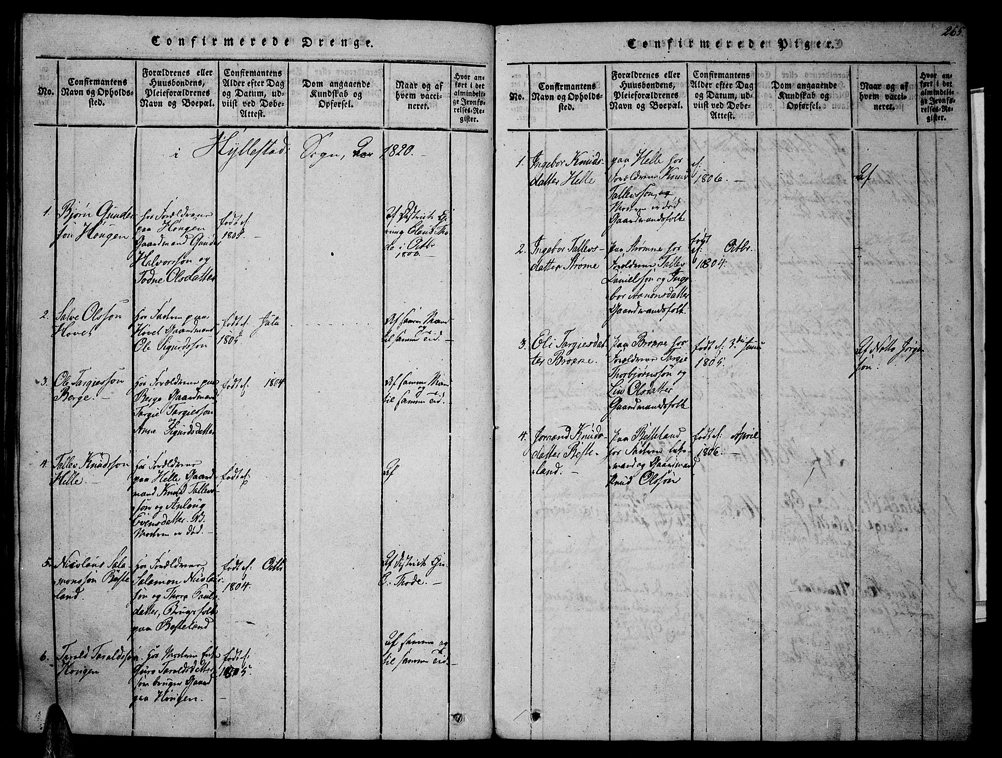 Valle sokneprestkontor, SAK/1111-0044/F/Fa/Fac/L0005: Parish register (official) no. A 5 /2, 1817-1831, p. 265
