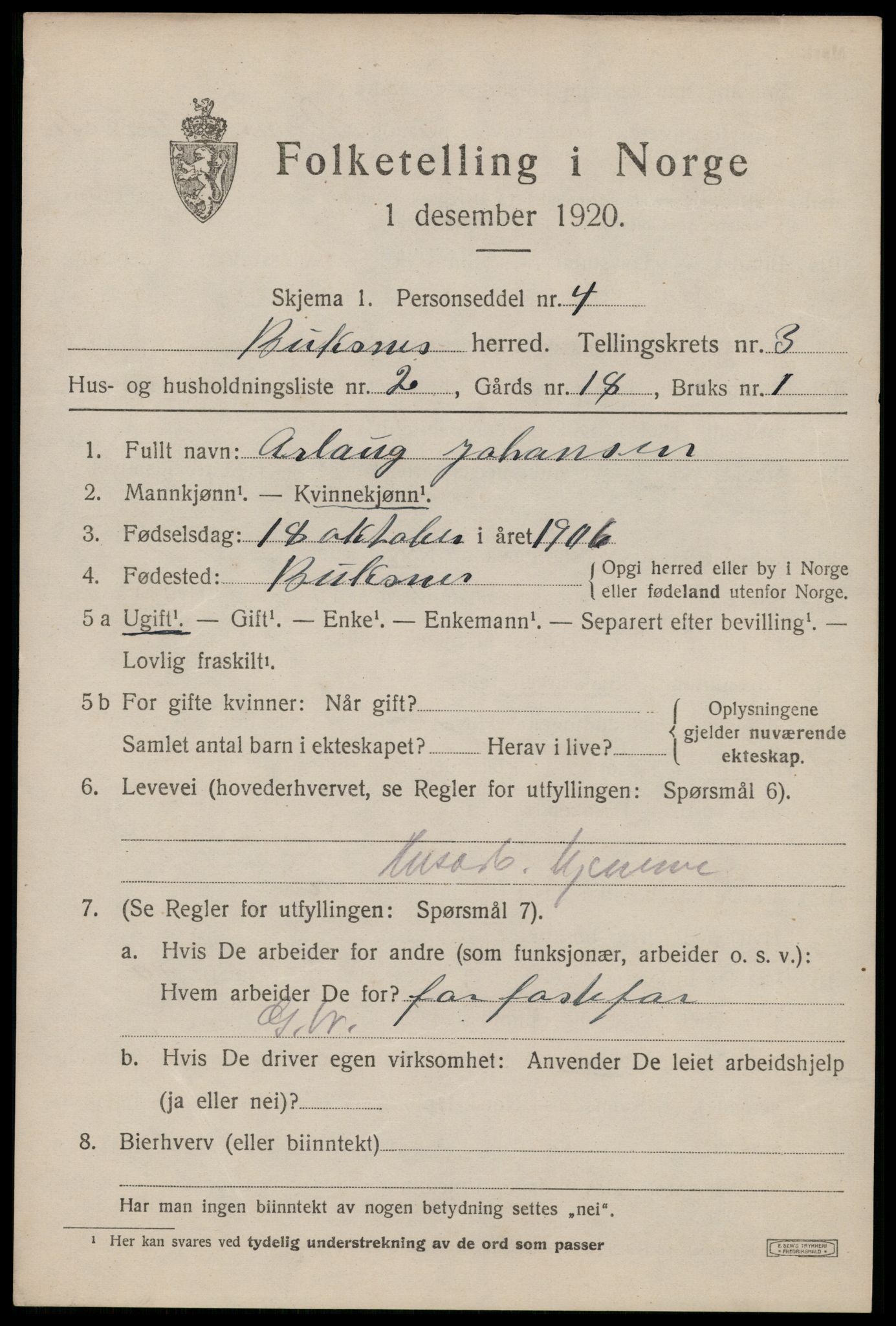 SAT, 1920 census for Buksnes, 1920, p. 3405