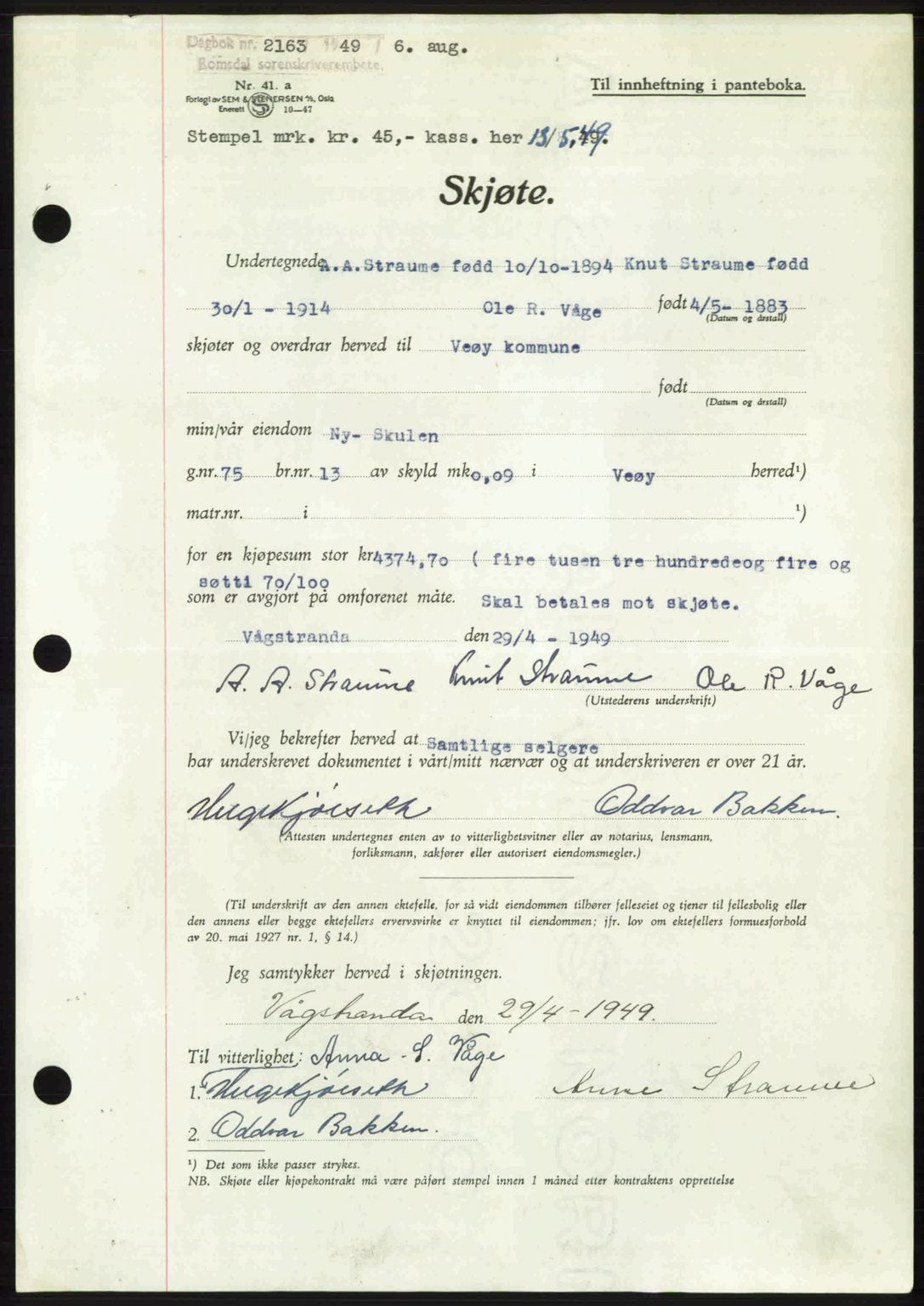 Romsdal sorenskriveri, AV/SAT-A-4149/1/2/2C: Mortgage book no. A30, 1949-1949, Diary no: : 2163/1949