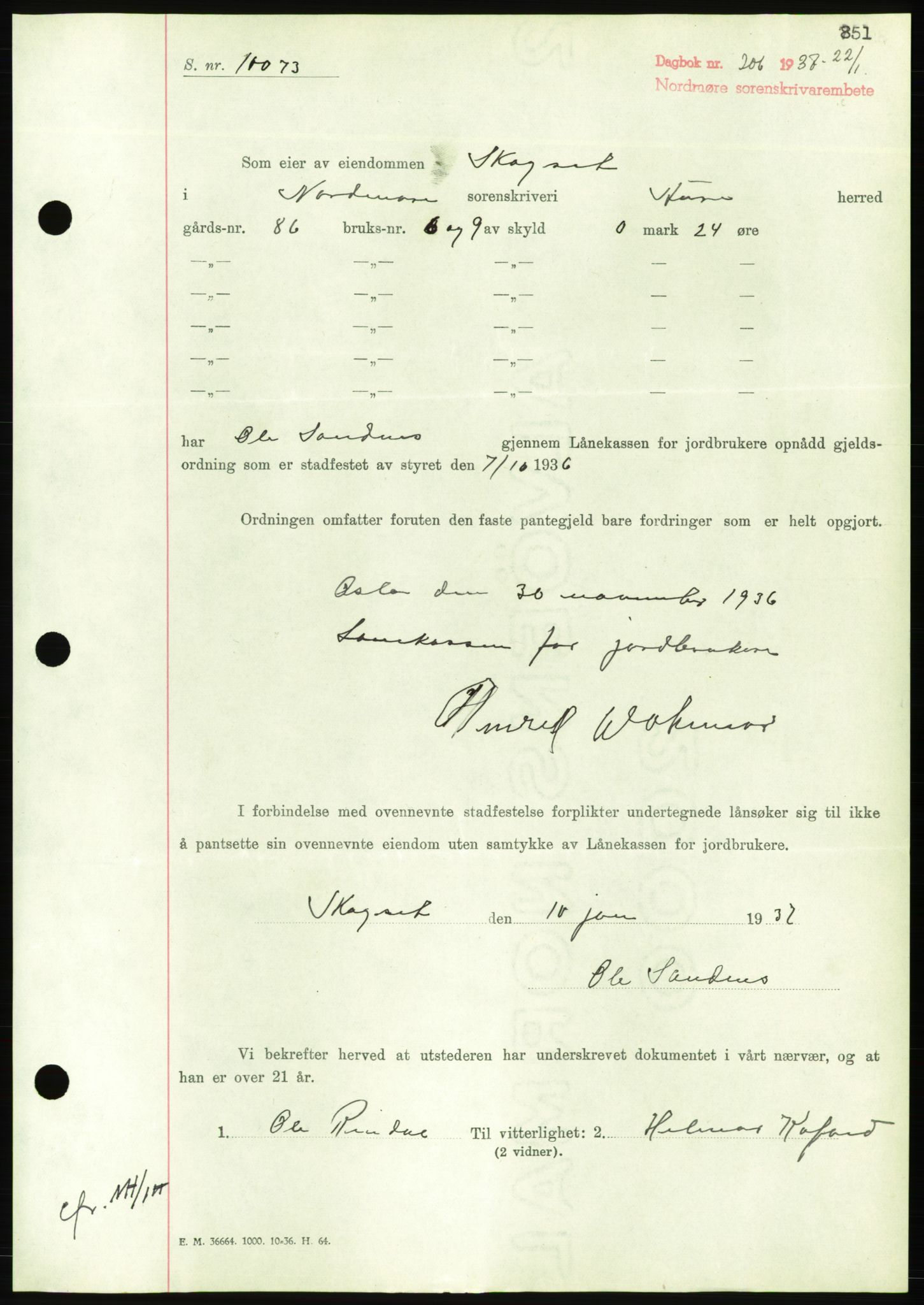 Nordmøre sorenskriveri, AV/SAT-A-4132/1/2/2Ca/L0090: Mortgage book no. B80, 1936-1937, Diary no: : 206/1937