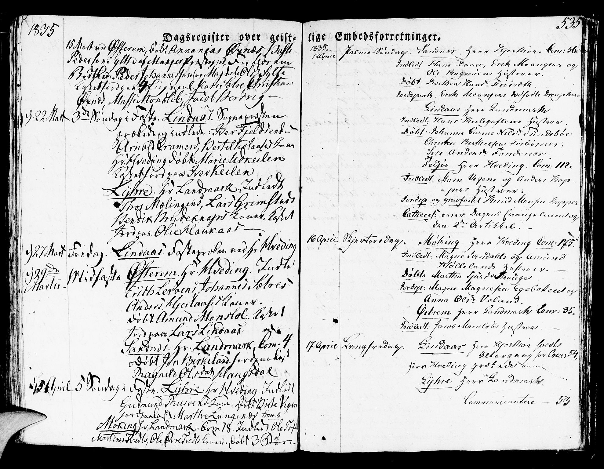 Lindås Sokneprestembete, SAB/A-76701/H/Haa: Parish register (official) no. A 8, 1823-1836, p. 535