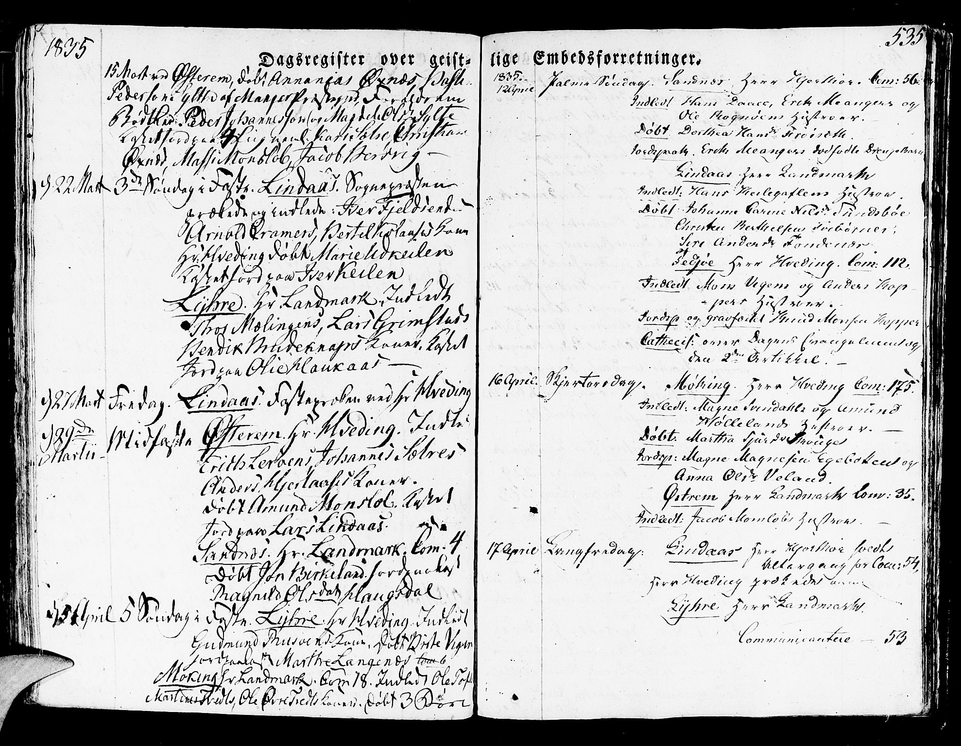 Lindås Sokneprestembete, AV/SAB-A-76701/H/Haa/Haaa/L0008: Parish register (official) no. A 8, 1823-1836, p. 535