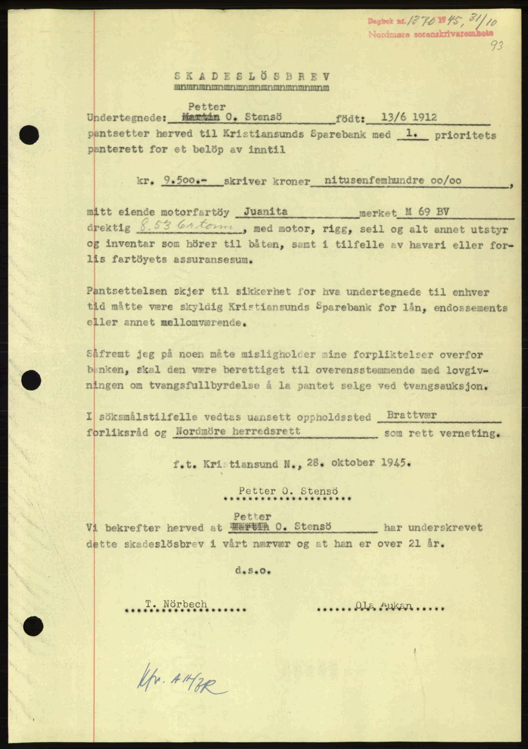 Nordmøre sorenskriveri, AV/SAT-A-4132/1/2/2Ca: Mortgage book no. B93a, 1945-1945, Diary no: : 1370/1945