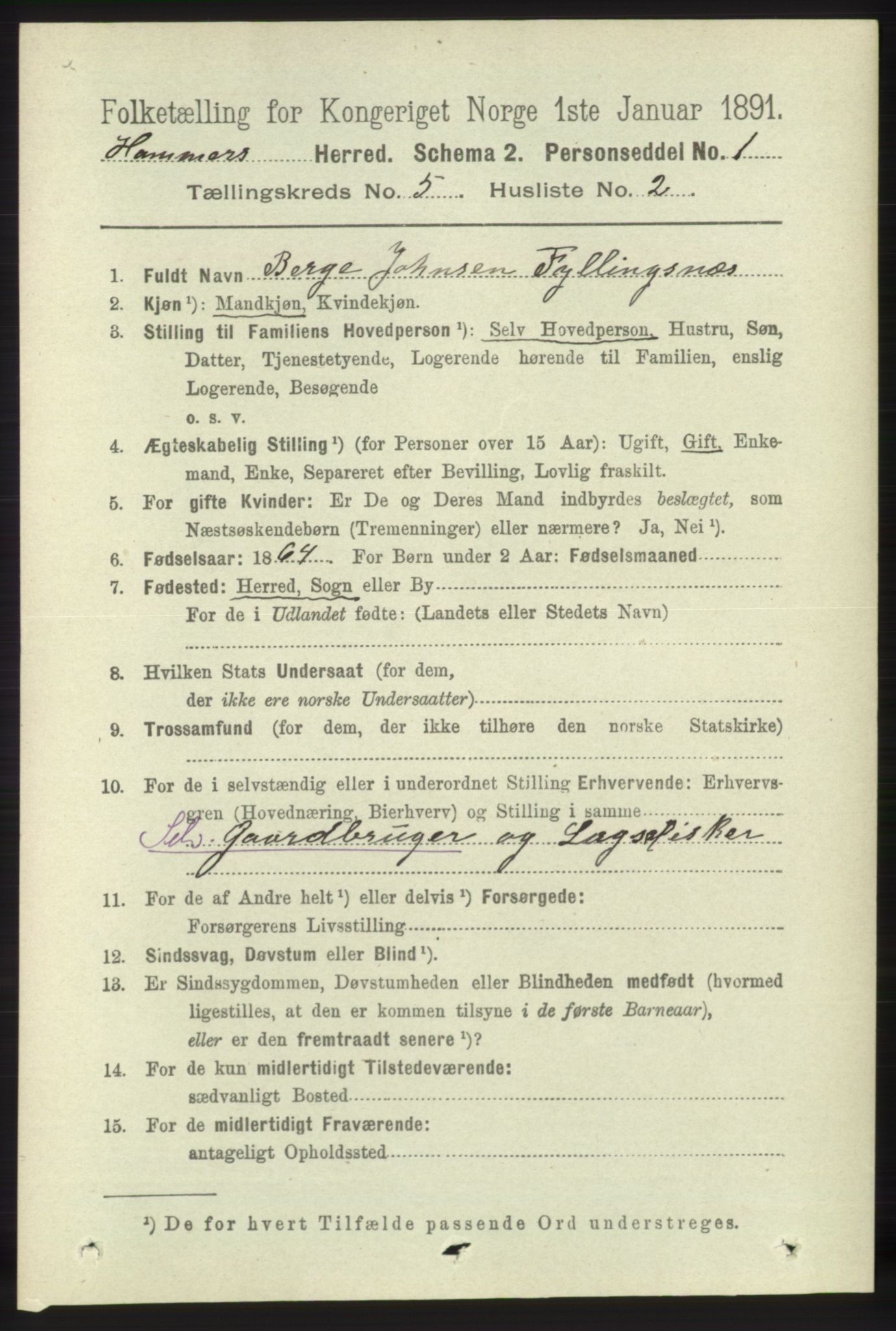 RA, 1891 census for 1254 Hamre, 1891, p. 1223