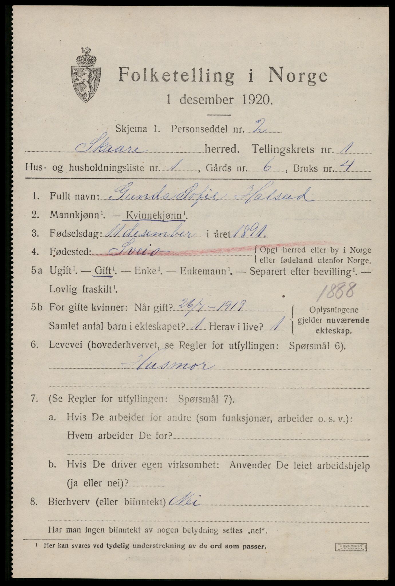 SAST, 1920 census for Skåre, 1920, p. 1092