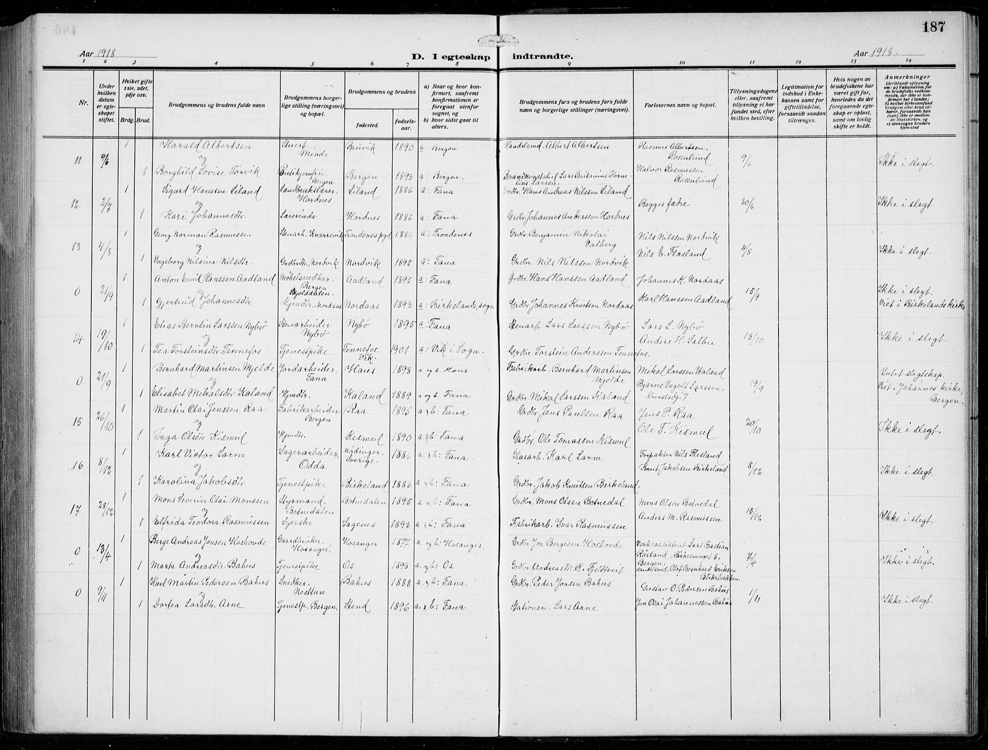 Fana Sokneprestembete, AV/SAB-A-75101/H/Hab/Haba/L0005: Parish register (copy) no. A 5, 1911-1932, p. 187