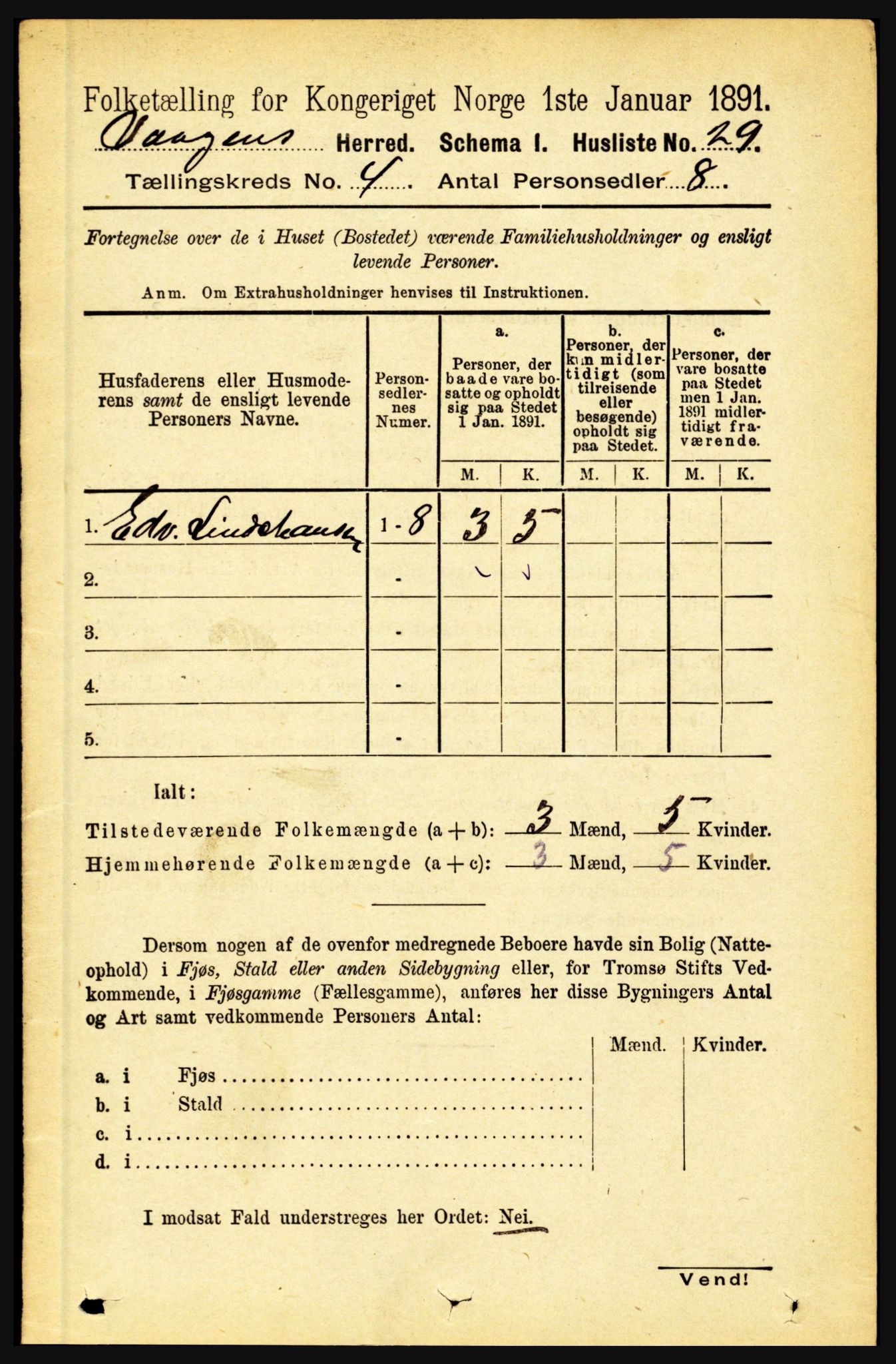 RA, 1891 census for 1865 Vågan, 1891, p. 909