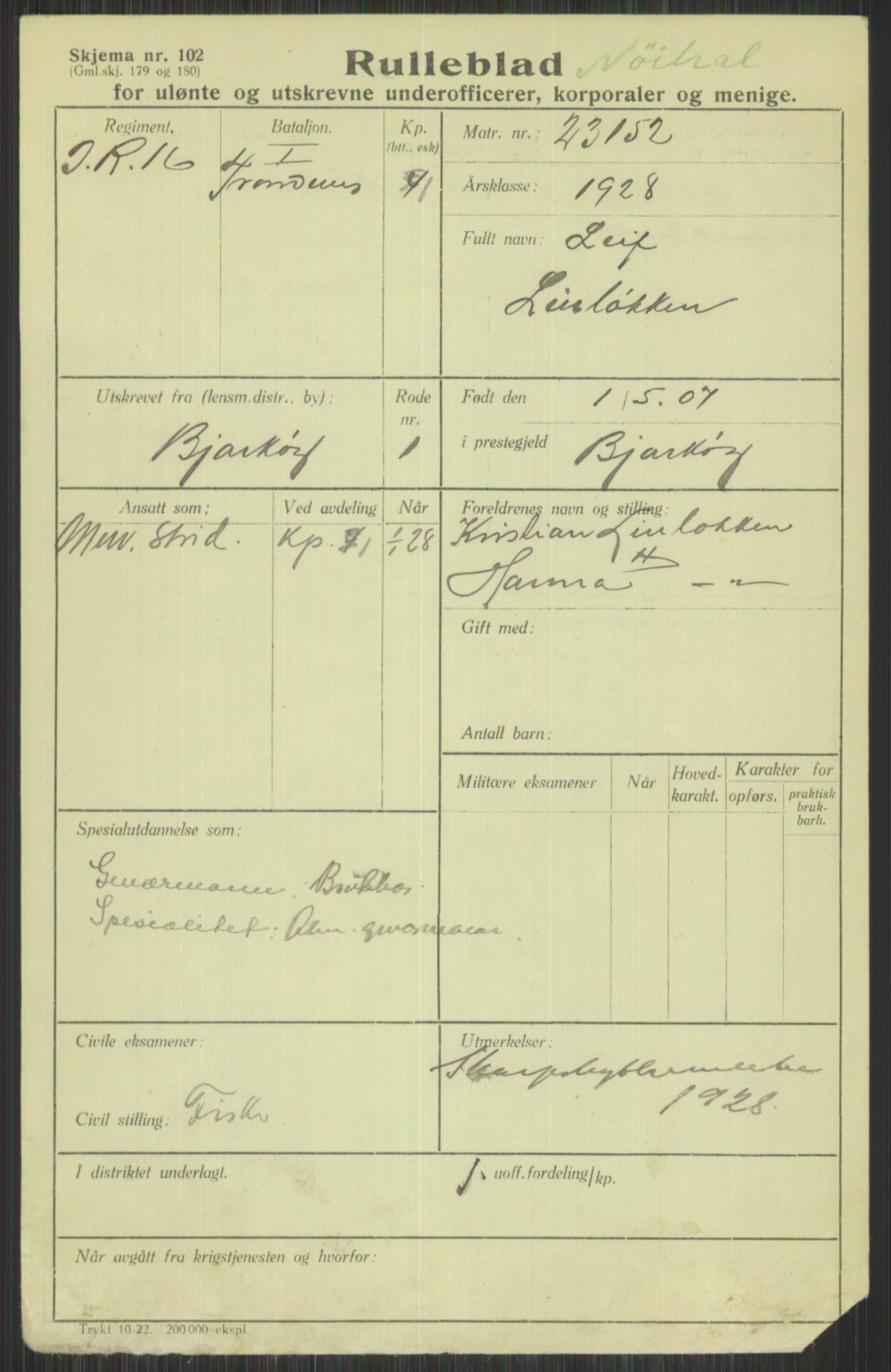 Forsvaret, Troms infanteriregiment nr. 16, AV/RA-RAFA-3146/P/Pa/L0013/0003: Rulleblad / Rulleblad for regimentets menige mannskaper, årsklasse 1928, 1928, p. 455