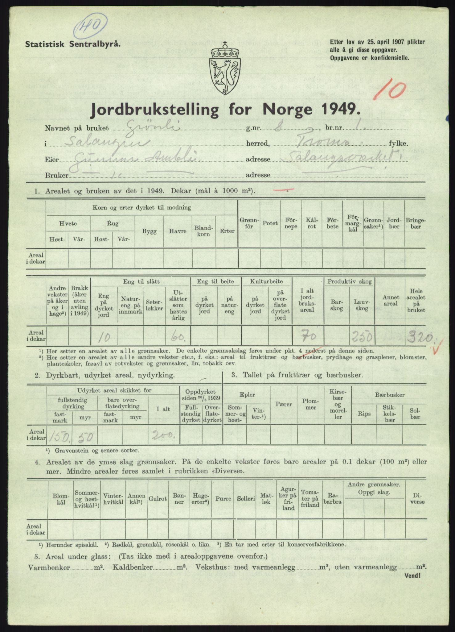 Statistisk sentralbyrå, Næringsøkonomiske emner, Jordbruk, skogbruk, jakt, fiske og fangst, AV/RA-S-2234/G/Gc/L0438: Troms: Salangen og Bardu, 1949, p. 772