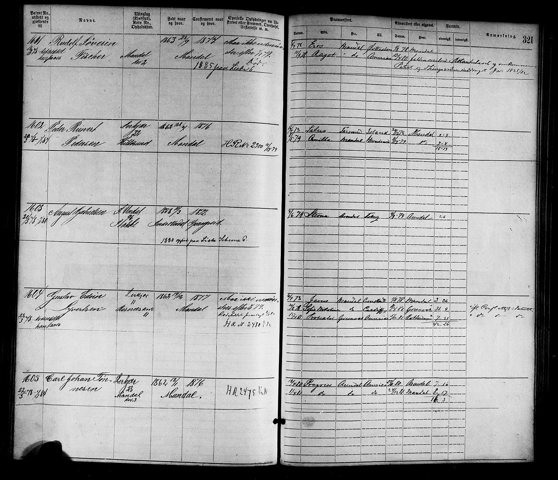 Mandal mønstringskrets, SAK/2031-0016/F/Fa/L0001: Annotasjonsrulle nr 1-1920 med register, L-3, 1869-1881, p. 359