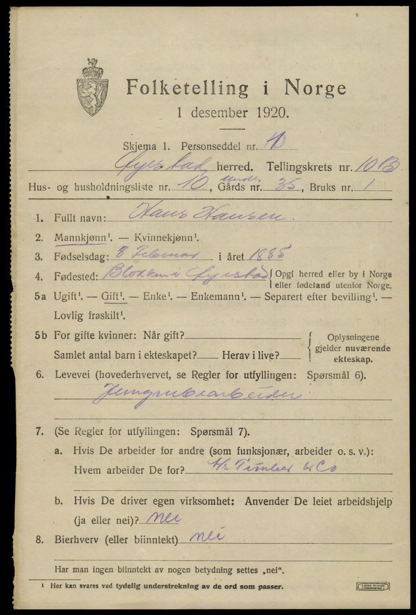 SAK, 1920 census for Øyestad, 1920, p. 6484