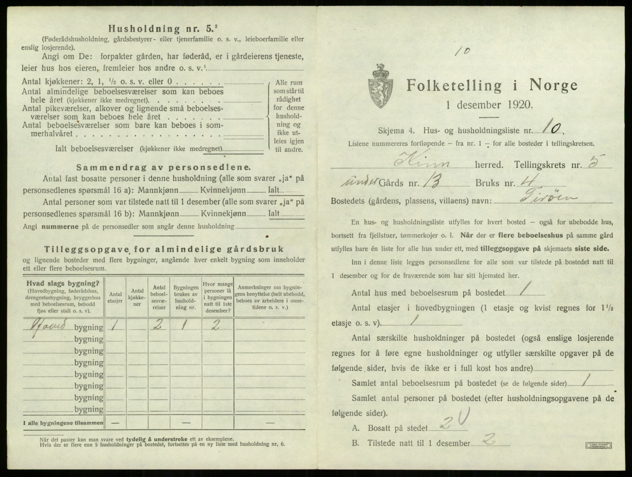 SAB, 1920 census for Kinn, 1920, p. 258