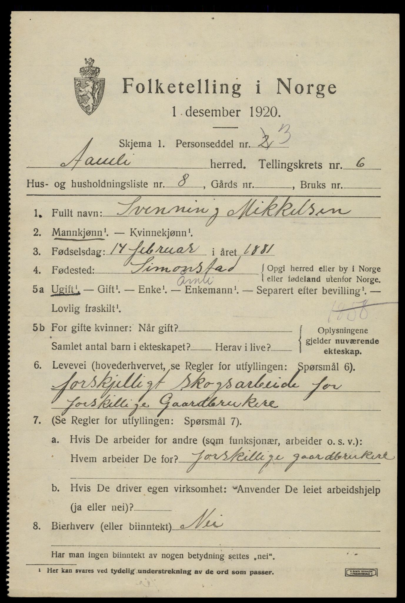 SAK, 1920 census for Åmli, 1920, p. 2699
