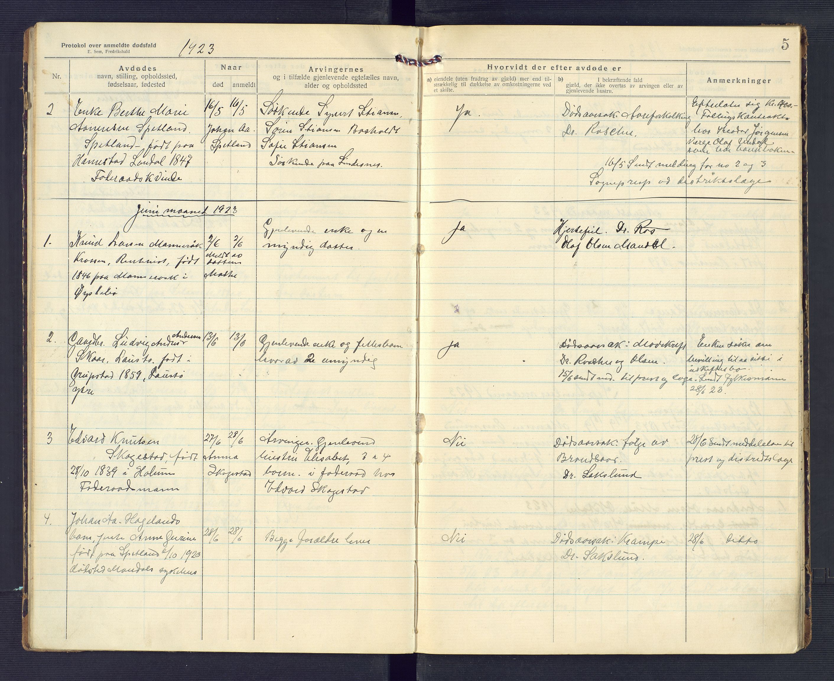 Holum lensmannskontor, AV/SAK-1241-0022/F/Fe/L0002: Anmeldte dødsfall nr 22, 1922-1932, p. 5