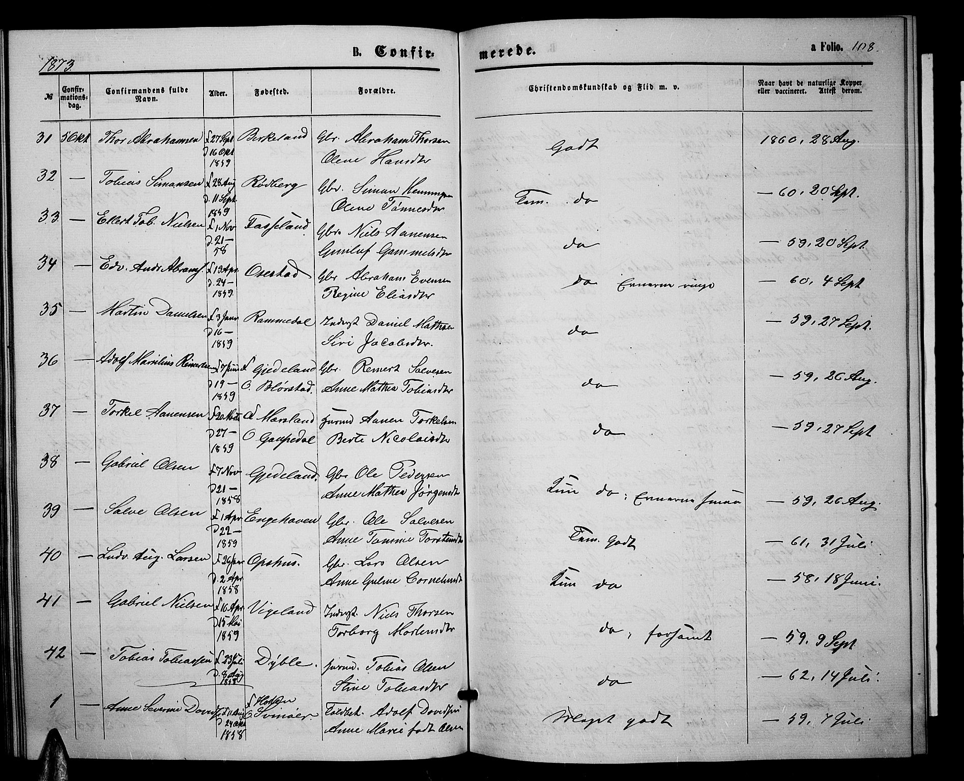 Sør-Audnedal sokneprestkontor, AV/SAK-1111-0039/F/Fb/Fbb/L0004: Parish register (copy) no. B 4, 1868-1879, p. 108