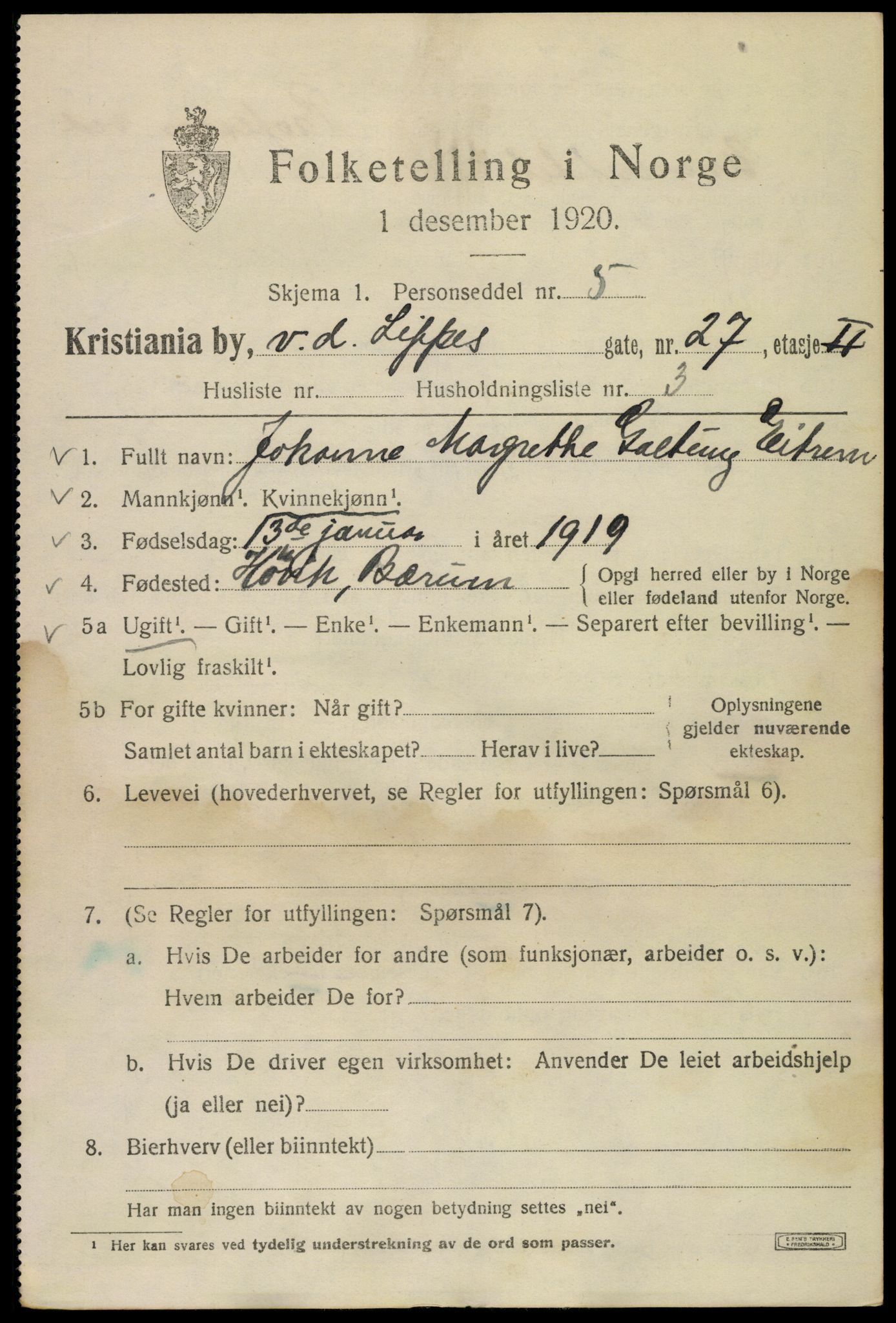 SAO, 1920 census for Kristiania, 1920, p. 644037