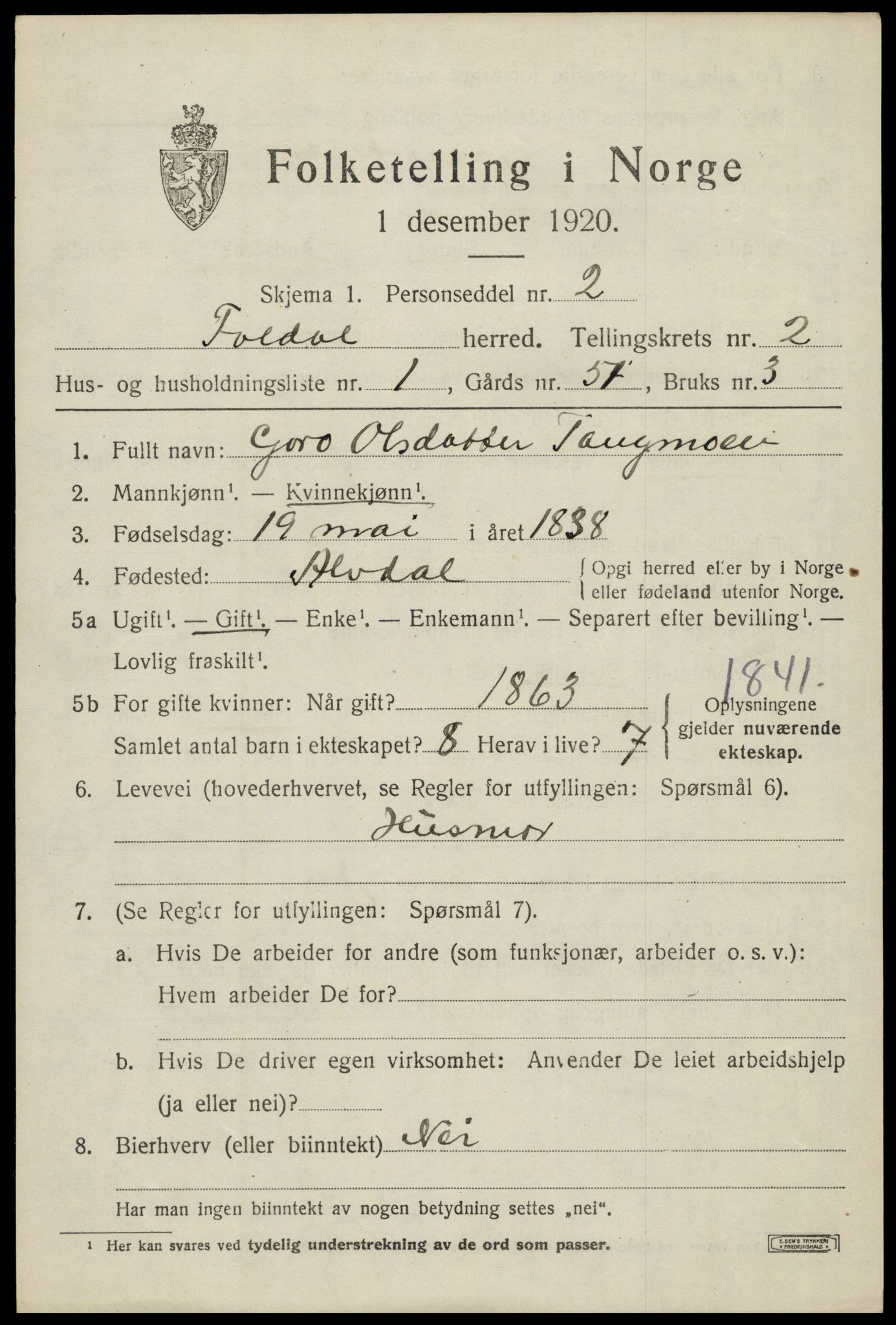 SAH, 1920 census for Folldal, 1920, p. 1039