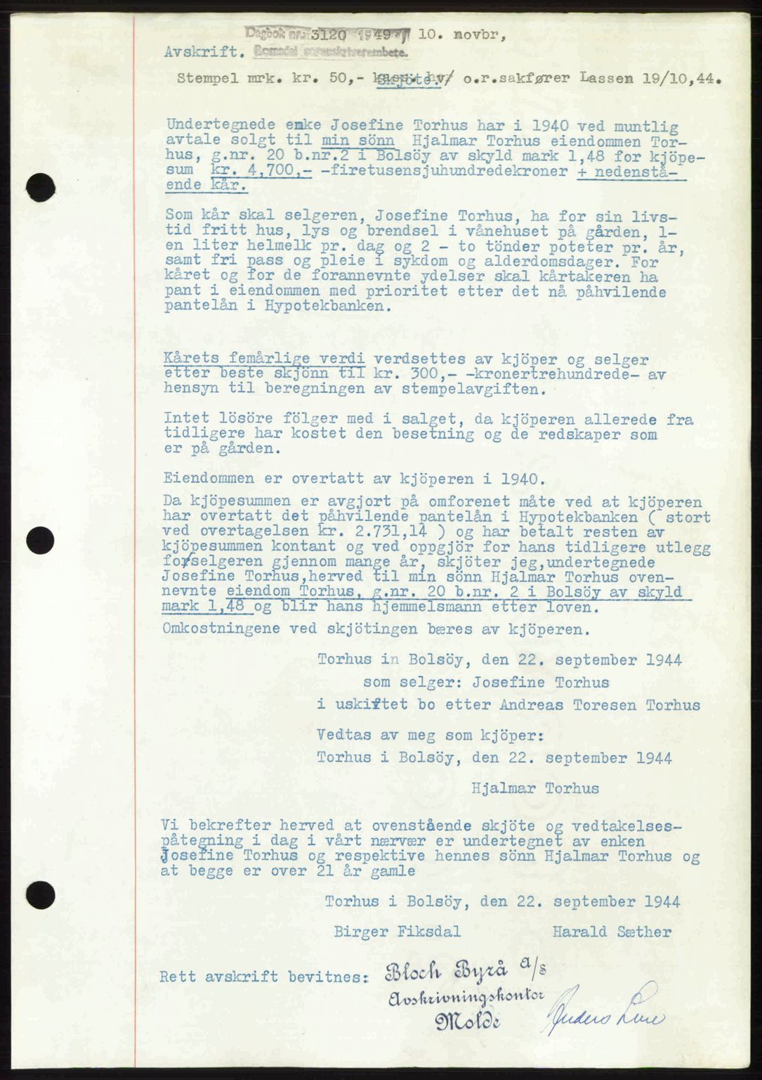 Romsdal sorenskriveri, AV/SAT-A-4149/1/2/2C: Mortgage book no. A31, 1949-1949, Diary no: : 3120/1949