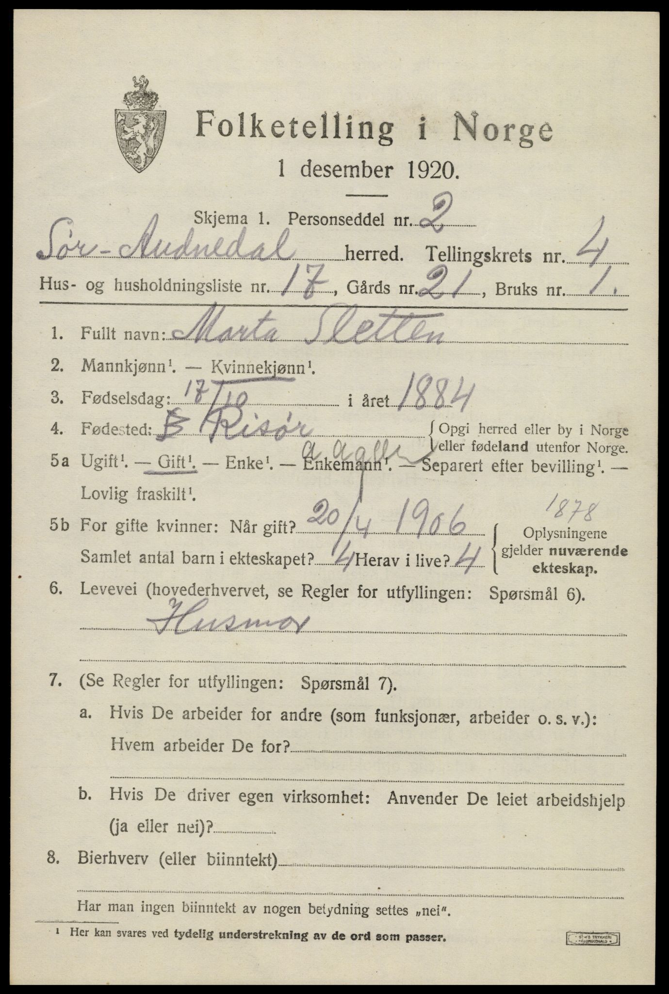 SAK, 1920 census for Sør-Audnedal, 1920, p. 2293