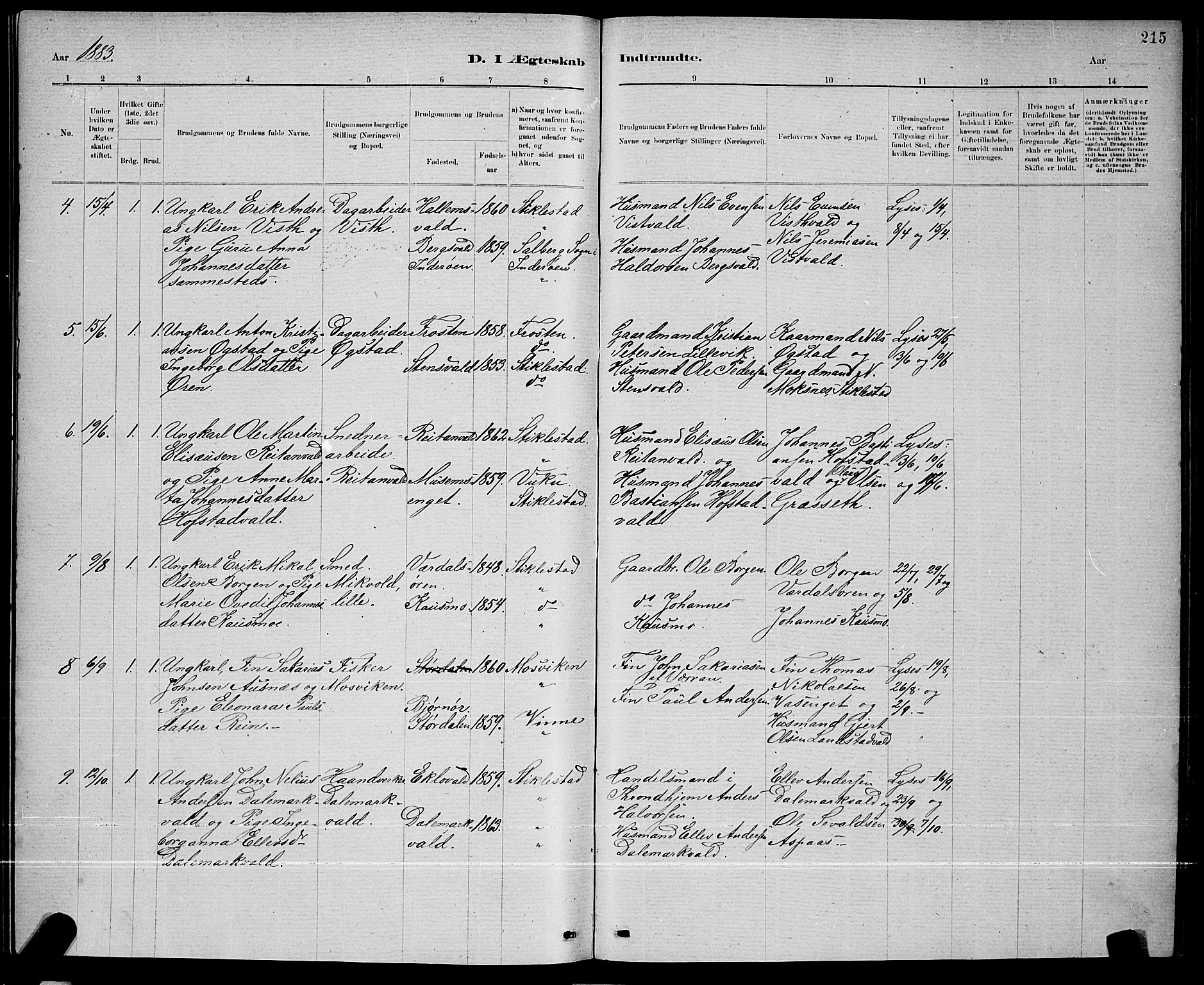 Ministerialprotokoller, klokkerbøker og fødselsregistre - Nord-Trøndelag, SAT/A-1458/723/L0256: Parish register (copy) no. 723C04, 1879-1890, p. 215
