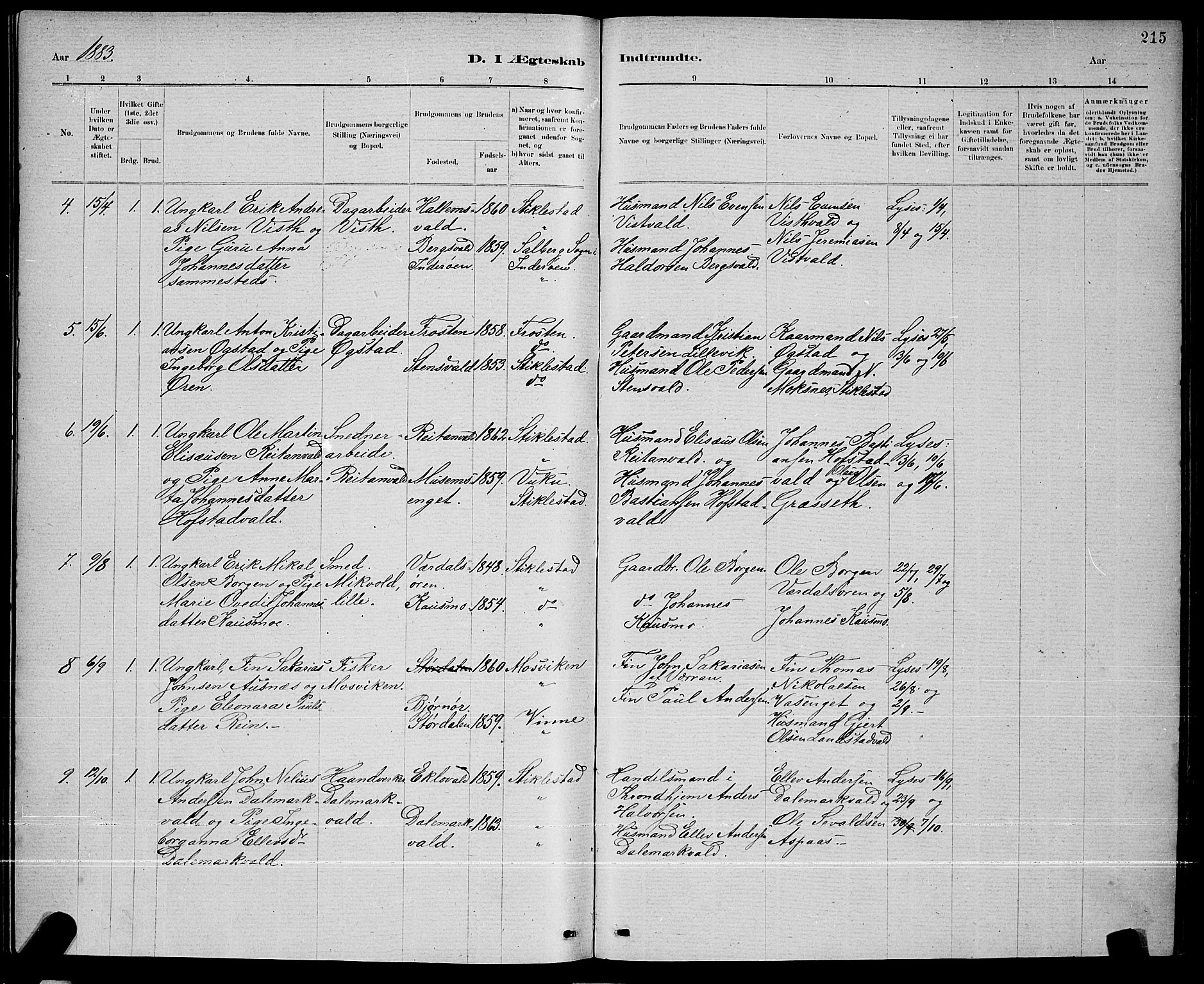 Ministerialprotokoller, klokkerbøker og fødselsregistre - Nord-Trøndelag, AV/SAT-A-1458/723/L0256: Parish register (copy) no. 723C04, 1879-1890, p. 215